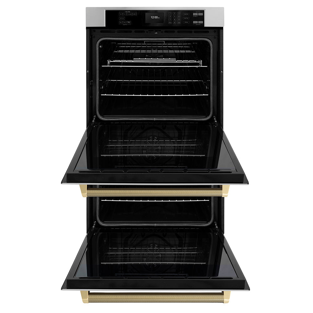 zline-autograph-30-professional-true-convection-double-wall-oven-with-air-fry-and-self-clean-in-stainless-steel-with-champagne-bronze-helix-handles-wadz-30-kcb