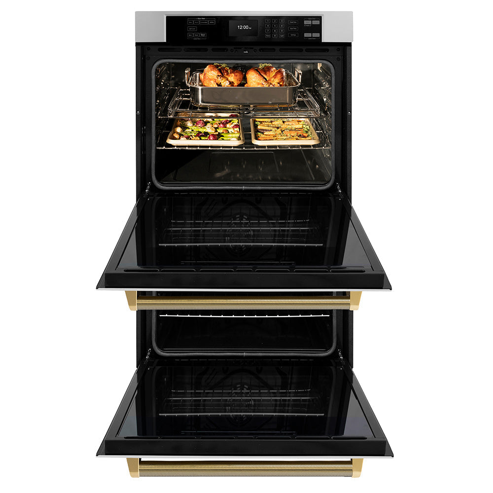 zline-autograph-30-professional-true-convection-double-wall-oven-with-air-fry-and-self-clean-in-stainless-steel-with-polished-gold-helix-handles-wadz-30-kg