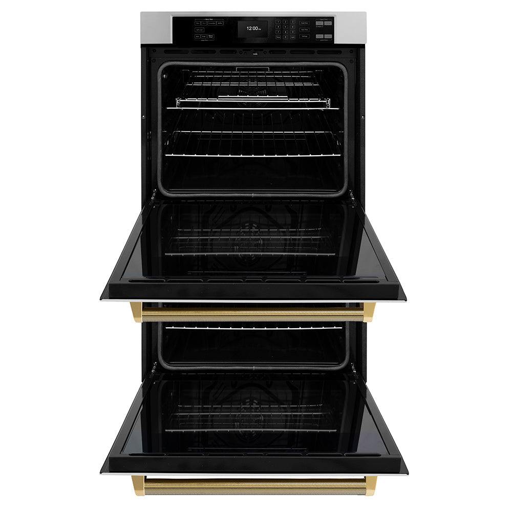 zline-autograph-30-professional-true-convection-double-wall-oven-with-air-fry-and-self-clean-in-stainless-steel-with-polished-gold-helix-handles-wadz-30-kg