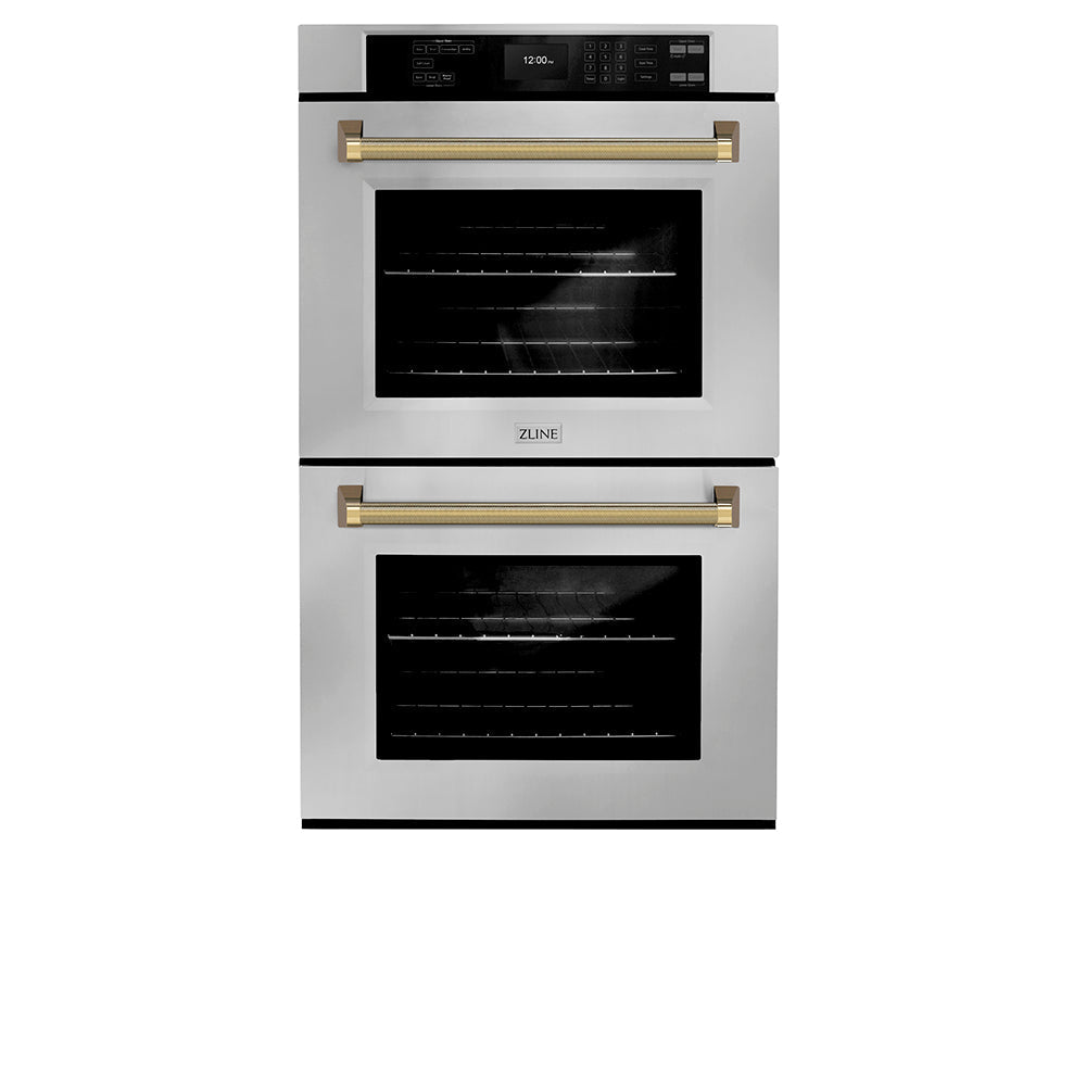 zline-autograph-30-professional-true-convection-double-wall-oven-with-air-fry-and-self-clean-in-stainless-steel-with-polished-gold-helix-handles-wadz-30-kg