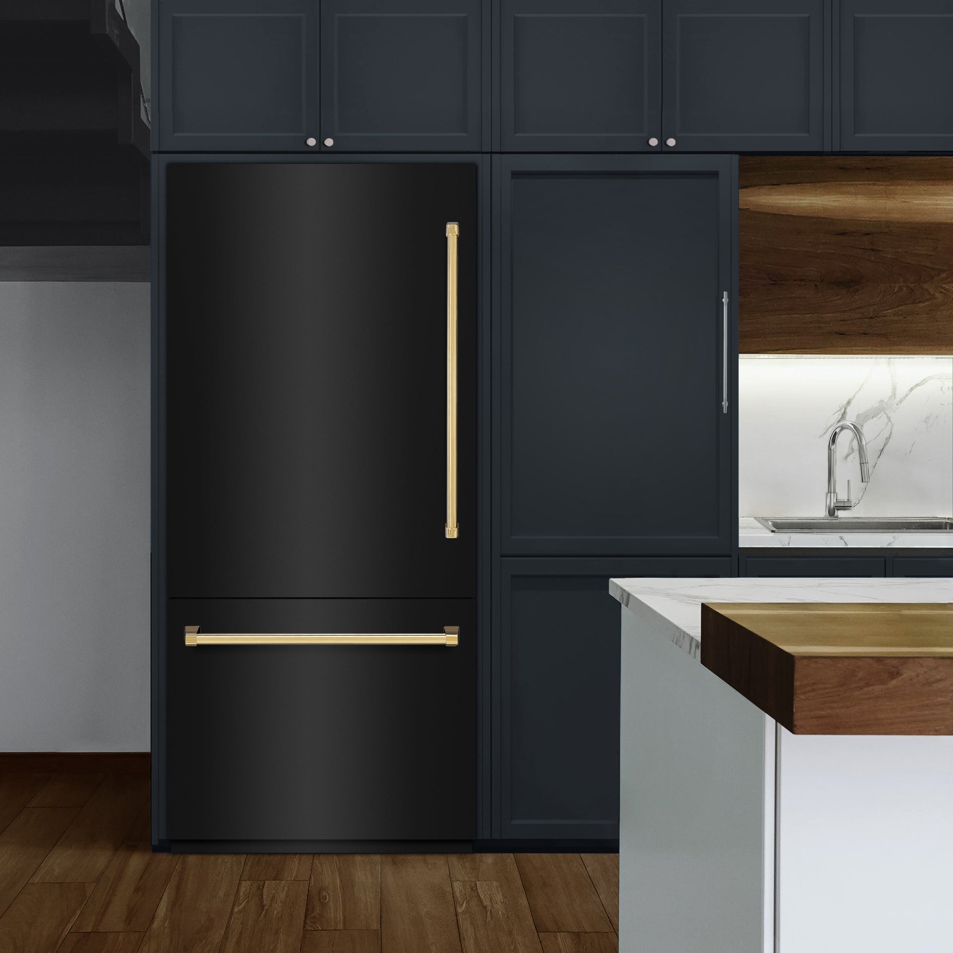 zline-36-in-built-in-bottom-freezer-refrigerator-19-8-cu-ft-water-dispenser-ice-maker-black-stainless-steel-graphite-gray-interior-polished-gold-accents-grbitz-bs-36-g