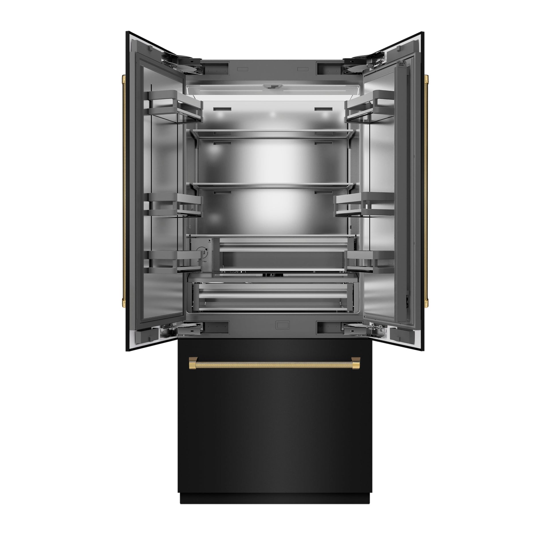zline-36-in-french-door-built-in-bottom-freezer-refrigerator-19-6-cu-ft-water-dispenser-ice-maker-black-stainless-steel-stainless-steel-interior-polished-gold-helix-handles-srbivz-bs36kg