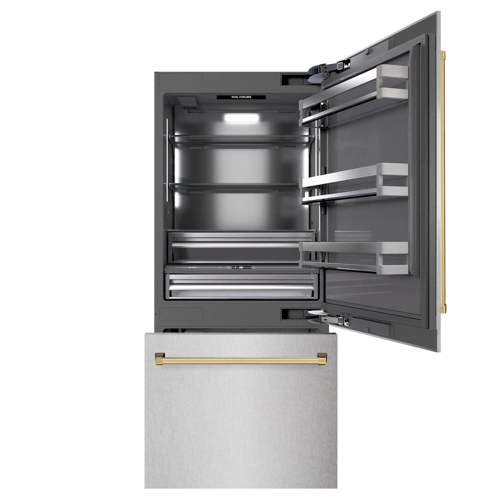zline-36-in-built-in-bottom-freezer-refrigerator-19-8-cu-ft-water-dispenser-ice-maker-satin-stainless-steel-graphite-gray-interior-polished-gold-accents-grbitz-sn-36-g
