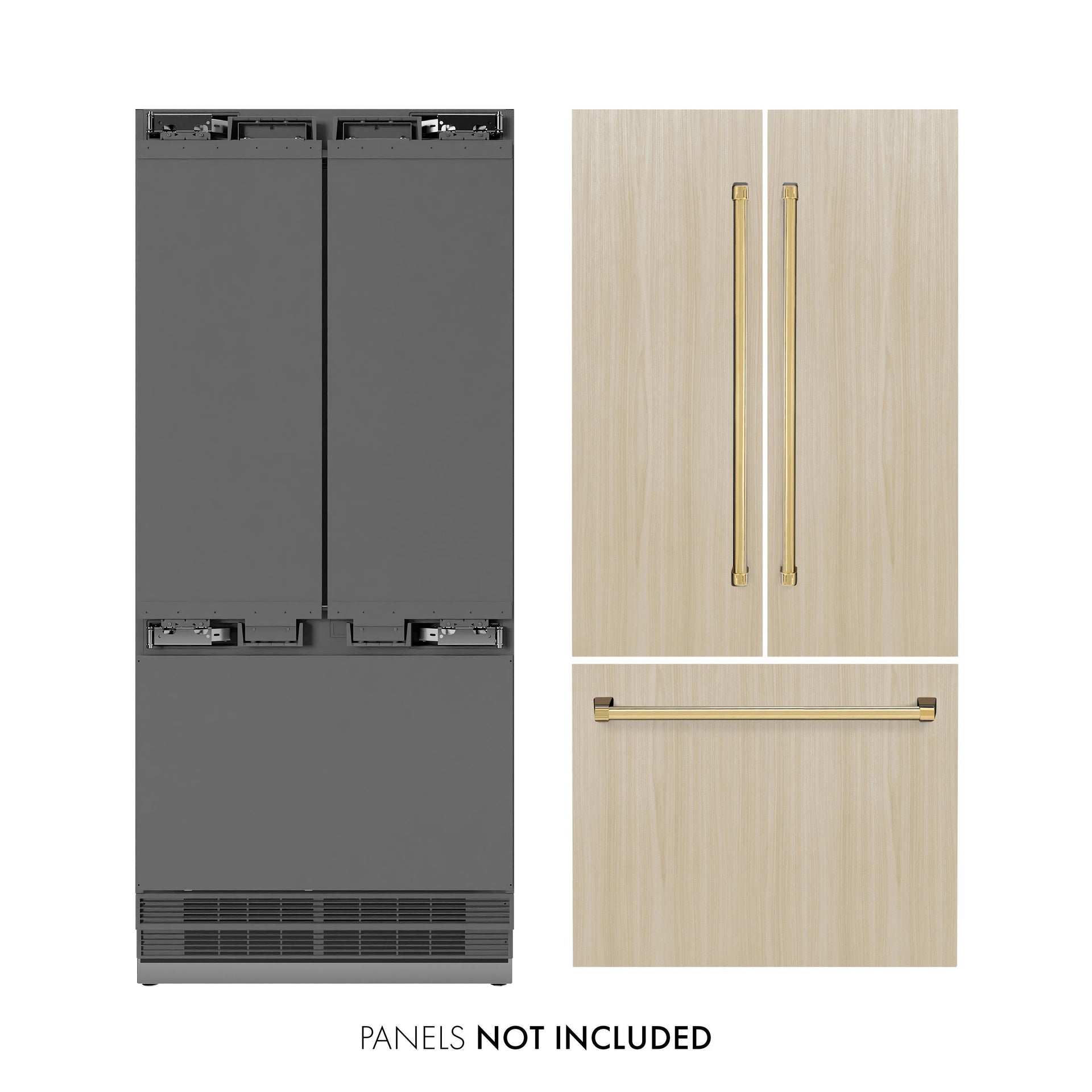 zline-36-in-panel-ready-built-in-french-door-bottom-freezer-refrigerator-19-6-cu-ft-with-water-dispenser-ice-maker-stainless-steel-interior-and-polished-gold-accents-srbivz-36-g