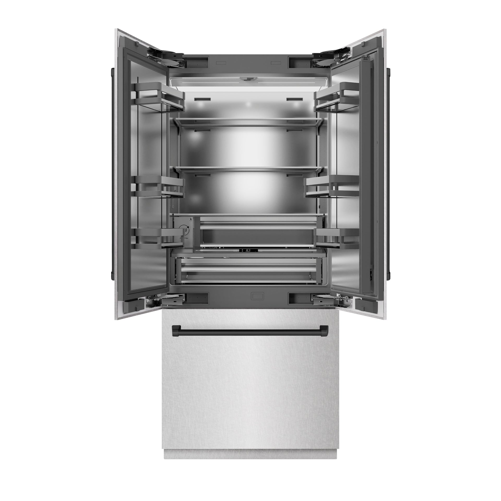 zline-36-in-french-door-built-in-bottom-freezer-refrigerator-19-6-cu-ft-water-dispenser-ice-maker-satin-stainless-steel-stainless-steel-interior-matte-black-accents-srbivz-sn-36-mb