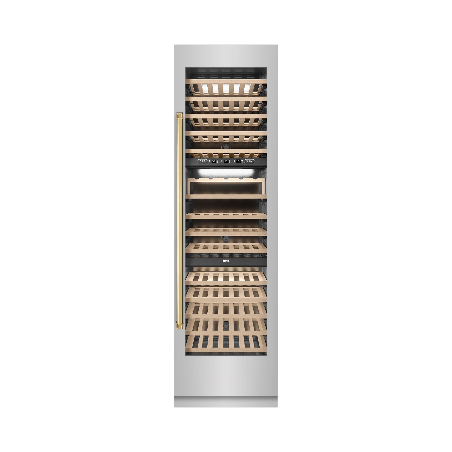 zline-autograph-24-12-4-cu-ft-triple-zone-100-bottle-column-wine-cooler-in-stainless-steel-and-polished-gold-accents-rcwvz-304-24-g