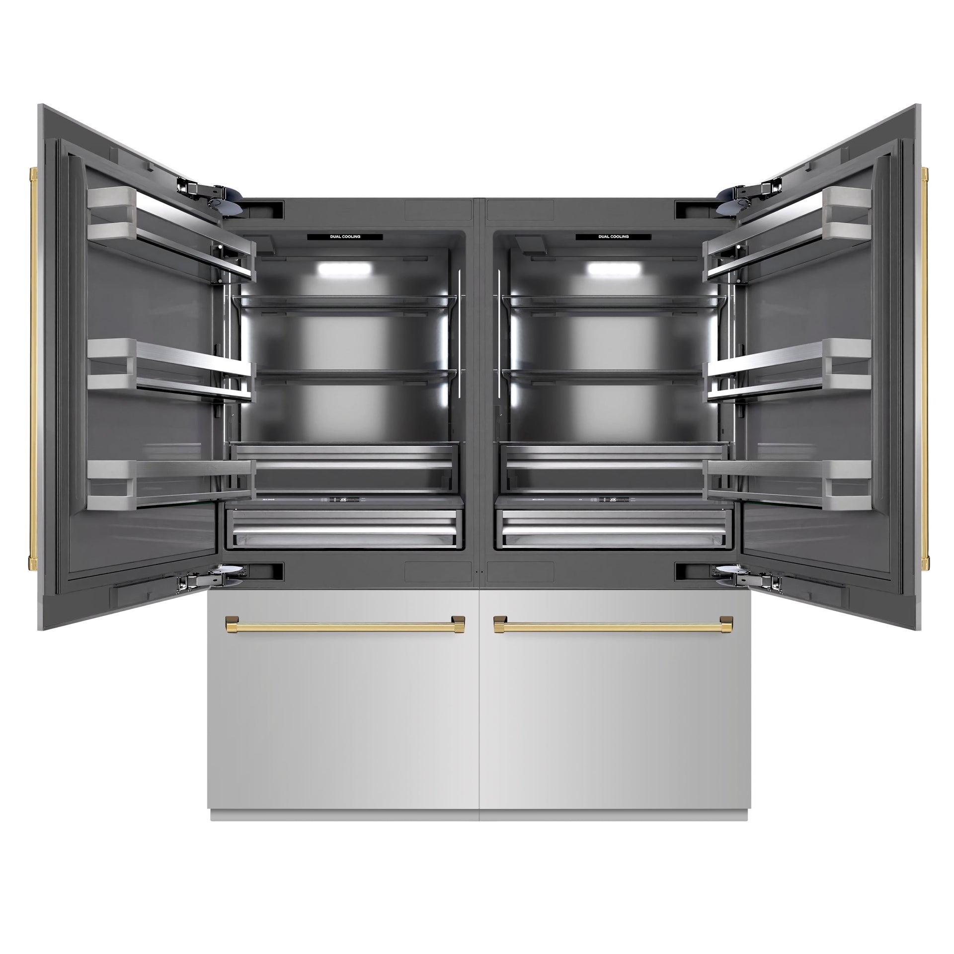 zline-72-in-french-door-built-in-bottom-freezer-refrigerator-39-6-cu-ft-stainless-steel-graphite-gray-interior-water-dispensers-ice-makers-polished-gold-accents-grbitz-304-72g