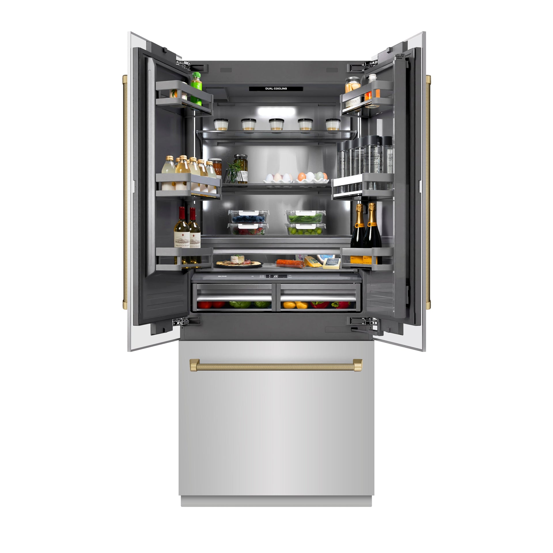 zline-36-in-built-in-french-door-bottom-freezer-refrigerator-19-6-cu-ft-water-dispenser-ice-maker-stainless-steel-graphite-gray-interior-champagne-bronze-helix-handles-grbivz-30436kcb
