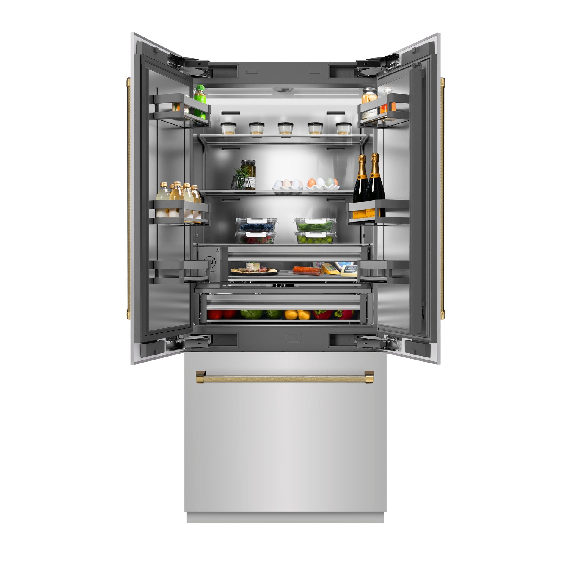 zline-36-in-french-door-built-in-bottom-freezer-refrigerator-19-6-cu-ft-with-water-dispenser-ice-maker-stainless-steel-interior-polished-gold-helix-handles-srbivz-30436kg