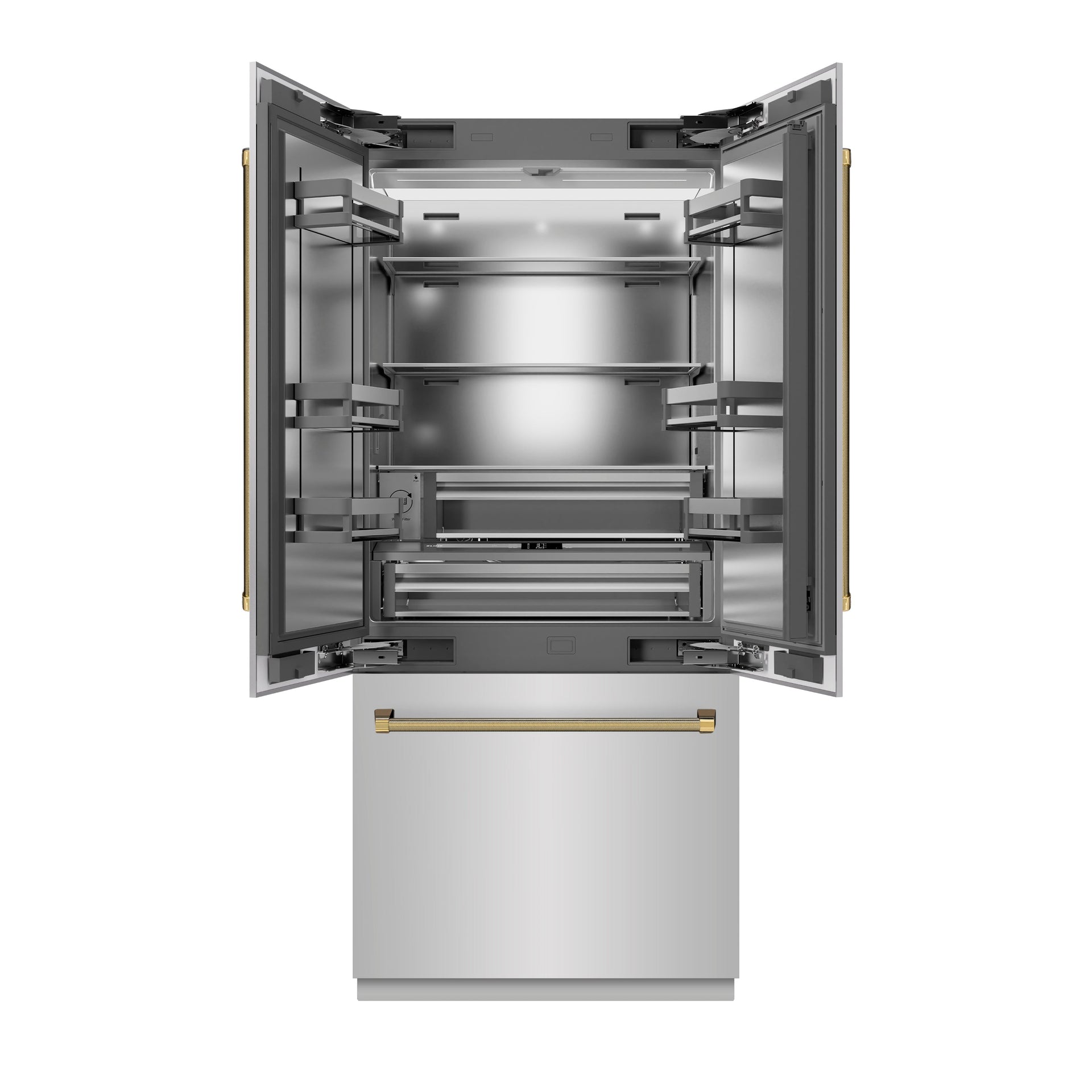 zline-36-in-french-door-built-in-bottom-freezer-refrigerator-19-6-cu-ft-with-water-dispenser-ice-maker-stainless-steel-interior-polished-gold-helix-handles-srbivz-30436kg