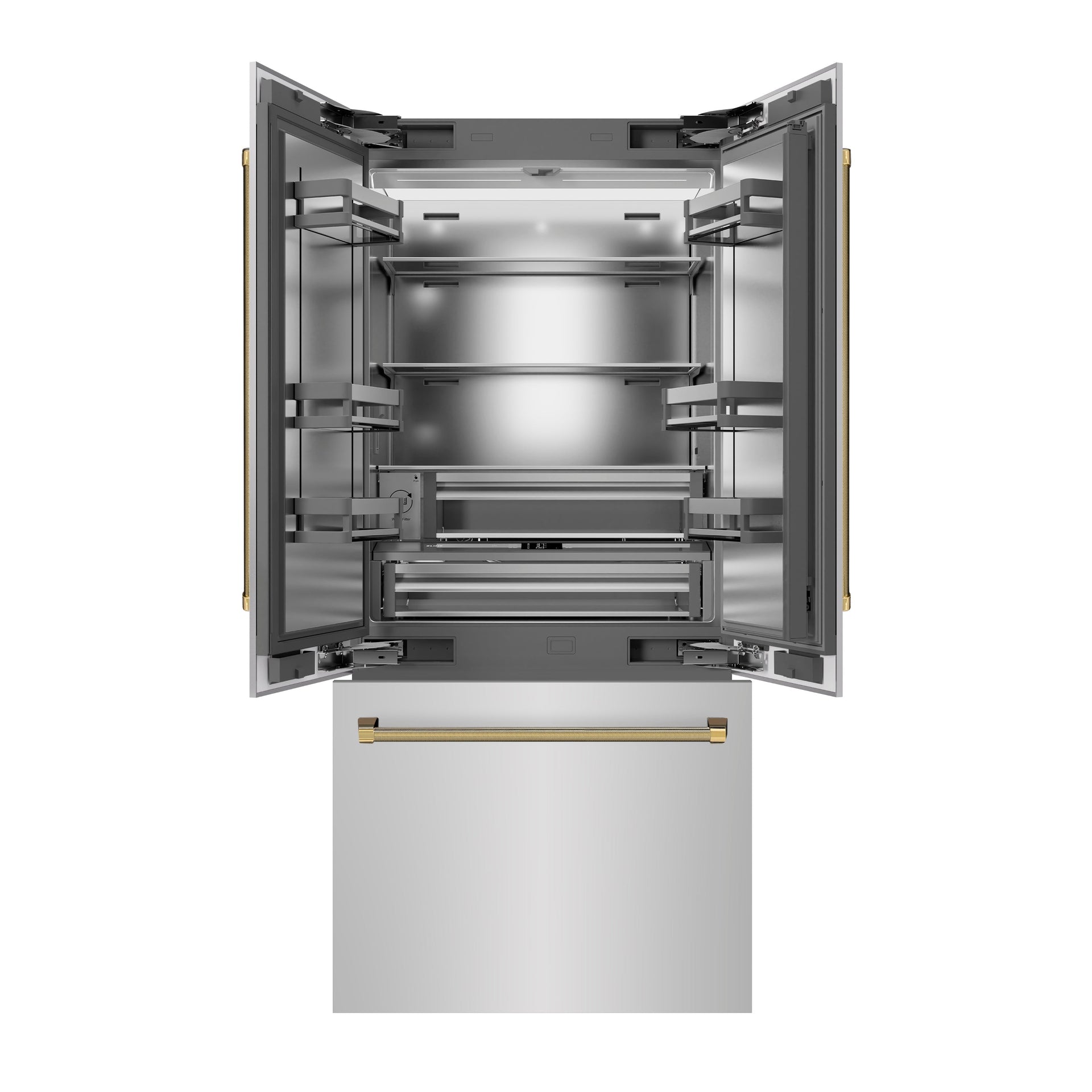 zline-36-in-french-door-built-in-bottom-freezer-refrigerator-19-6-cu-ft-with-water-dispenser-ice-maker-stainless-steel-interior-polished-gold-helix-handles-srbivz-30436kg