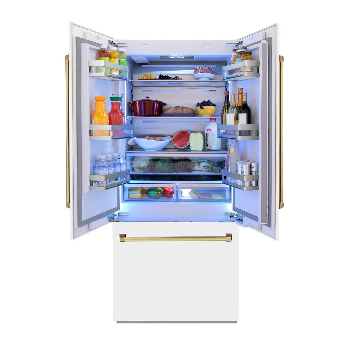 ZLINE 36 in Built-In French Door Refrigerator 19.6 cu. ft Capacity Internal Water & Ice Dispenser White Matte with Gold Accents (RBIVZ-WM-36-G)