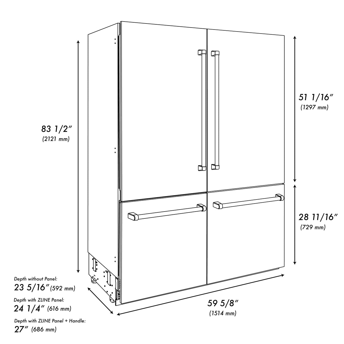 ZLINE 60 in Built-In Refrigerator 32.2 cu ft Internal Water & Ice Dispenser White Matte Gold Accents (RBIVZ-WM-60-G)