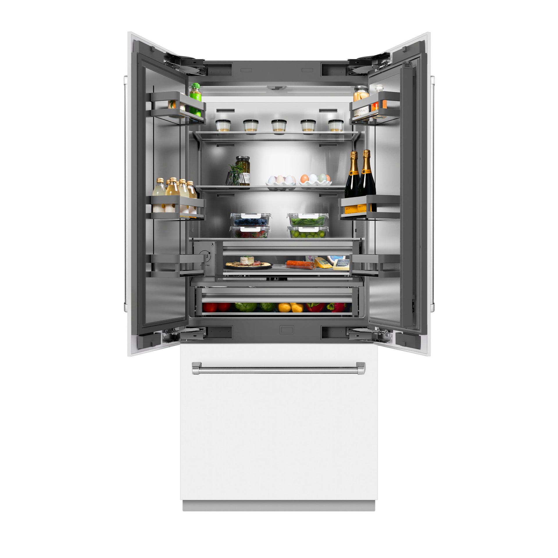 zline-36-in-french-door-built-in-bottom-freezer-refrigerator-19-6-cu-ft-with-water-dispenser-ice-maker-white-matte-finish-stainless-steel-interior-srbiv-wm-36