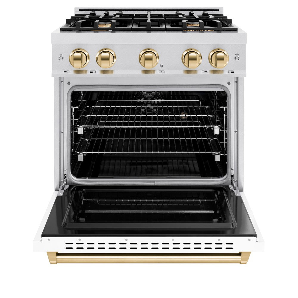 zline-30-in-dual-fuel-range-4-2-cu-ft-gas-cooktop-with-4-burners-and-electric-convection-oven-satin-stainless-steel-with-white-matte-door-and-polished-gold-accents-cdrsz-wm-30-g