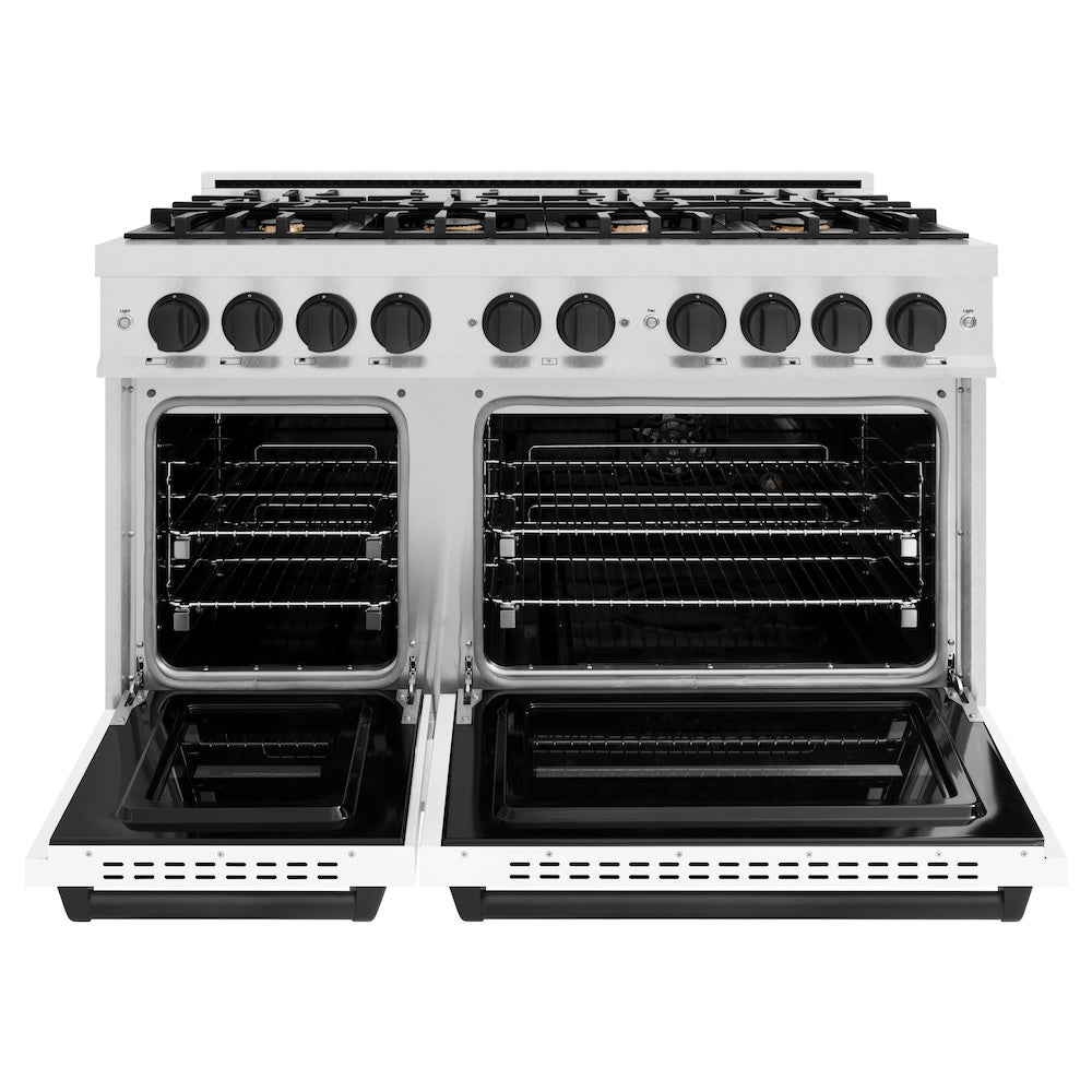 zline-48-in-dual-fuel-range-double-oven-6-7-cu-ft-with-8-gas-burners-satin-stainless-steel-white-matte-doors-matte-black-accents-cdrsz-wm-48-mb