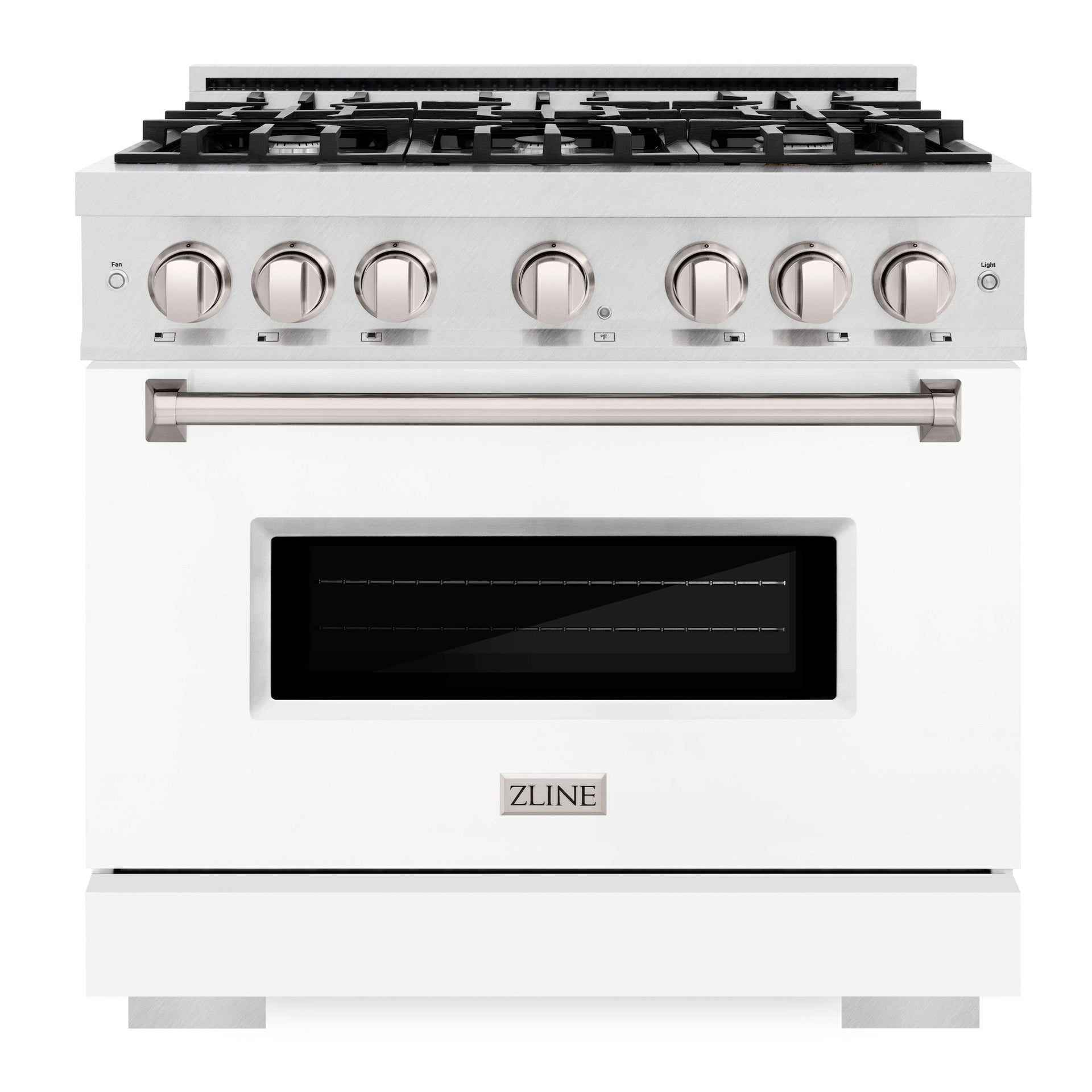zline-36-in-dual-fuel-range-5-2-cu-ft-6-gas-burners-electric-convection-oven-satin-stainless-steel-white-matte-door-cdrs-wm-36