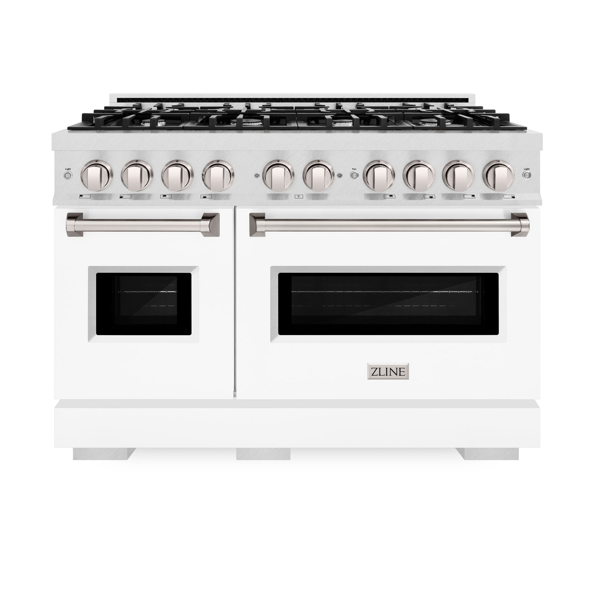zline-48-in-gas-range-double-oven-6-7-cu-ft-8-burners-satin-stainless-steel-with-white-matte-doors-cgrs-wm-48