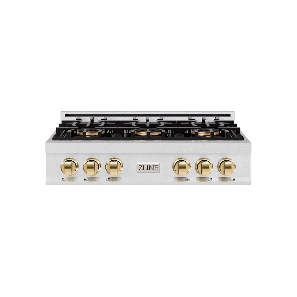 zline-autograph-36-classic-gas-rangetop-with-6-burner-duopro™-cooktop-in-satin-stainless-steel-and-polished-gold-accents-pcrtsz-36-g