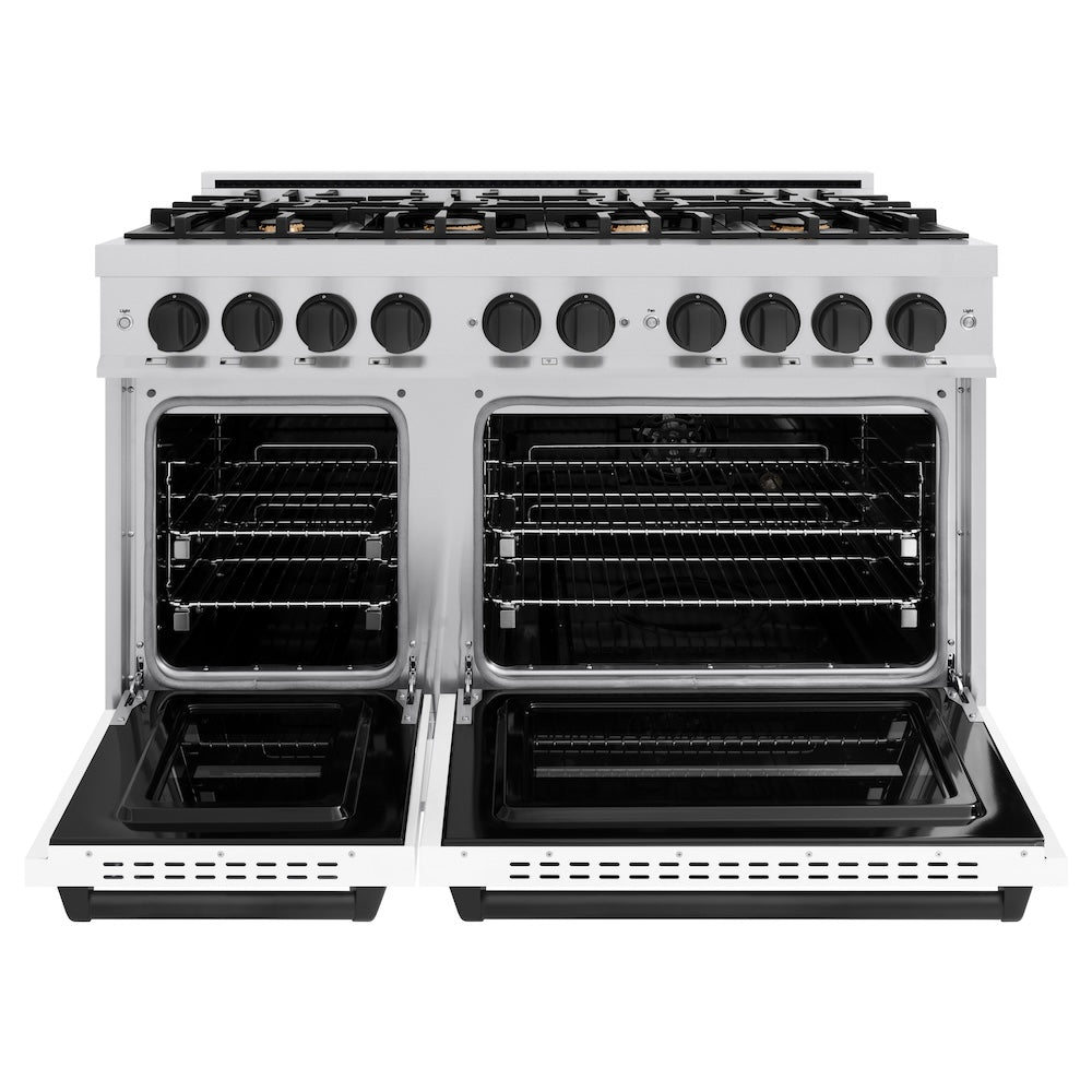 zline-autograph-edition-48-in-6-7-cu-ft-classic-double-oven-gas-range-with-8-burners-stainless-steel-with-white-matte-doors-and-matte-black-accents-cgrz-wm-48-mb