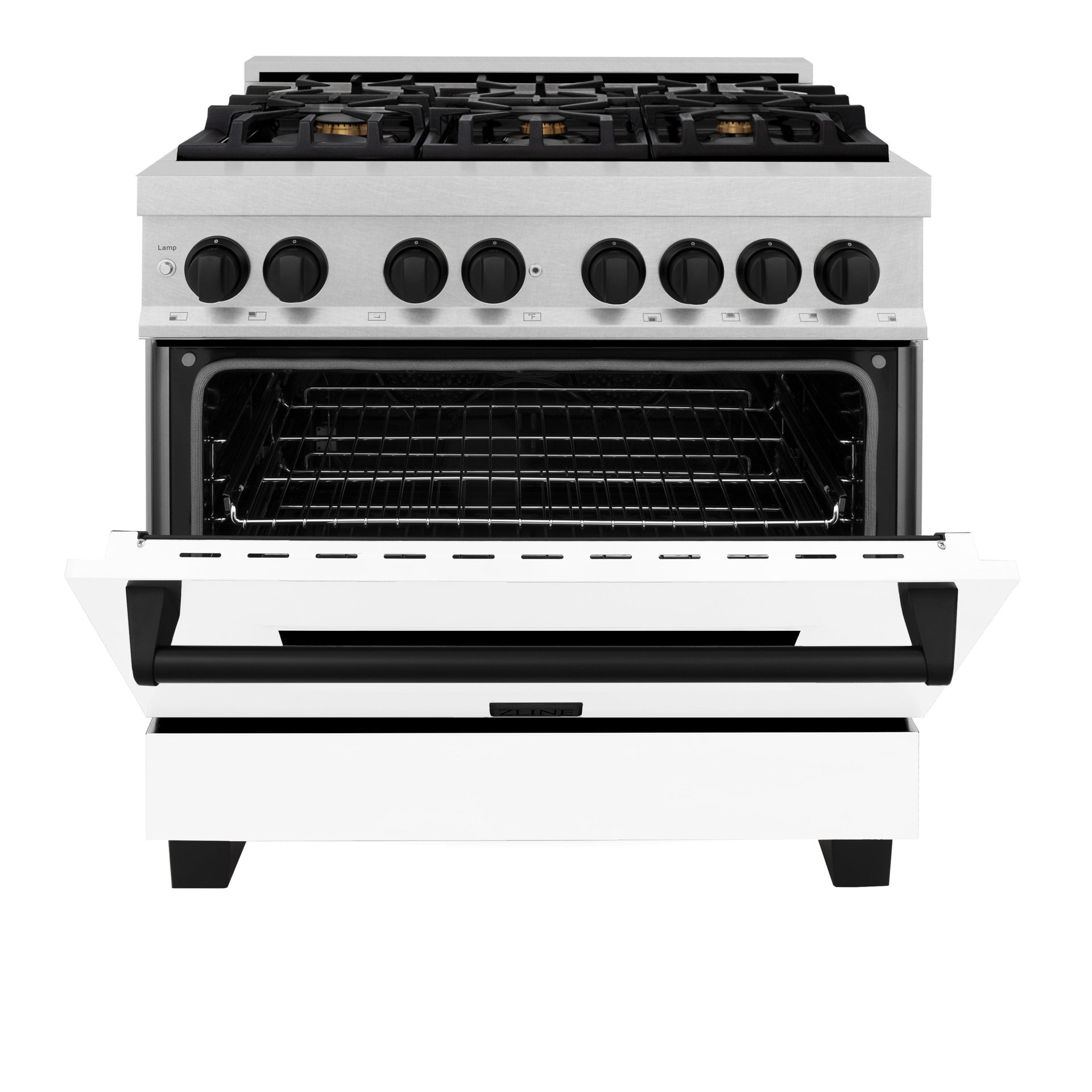 zline-autograph-edition-36-in-4-6-cu-ft-dual-fuel-range-with-6-gas-burners-and-electric-convection-oven-satin-stainless-steel-with-white-matte-door-and-matte-black-accents-model-rasz-wm-36-mb