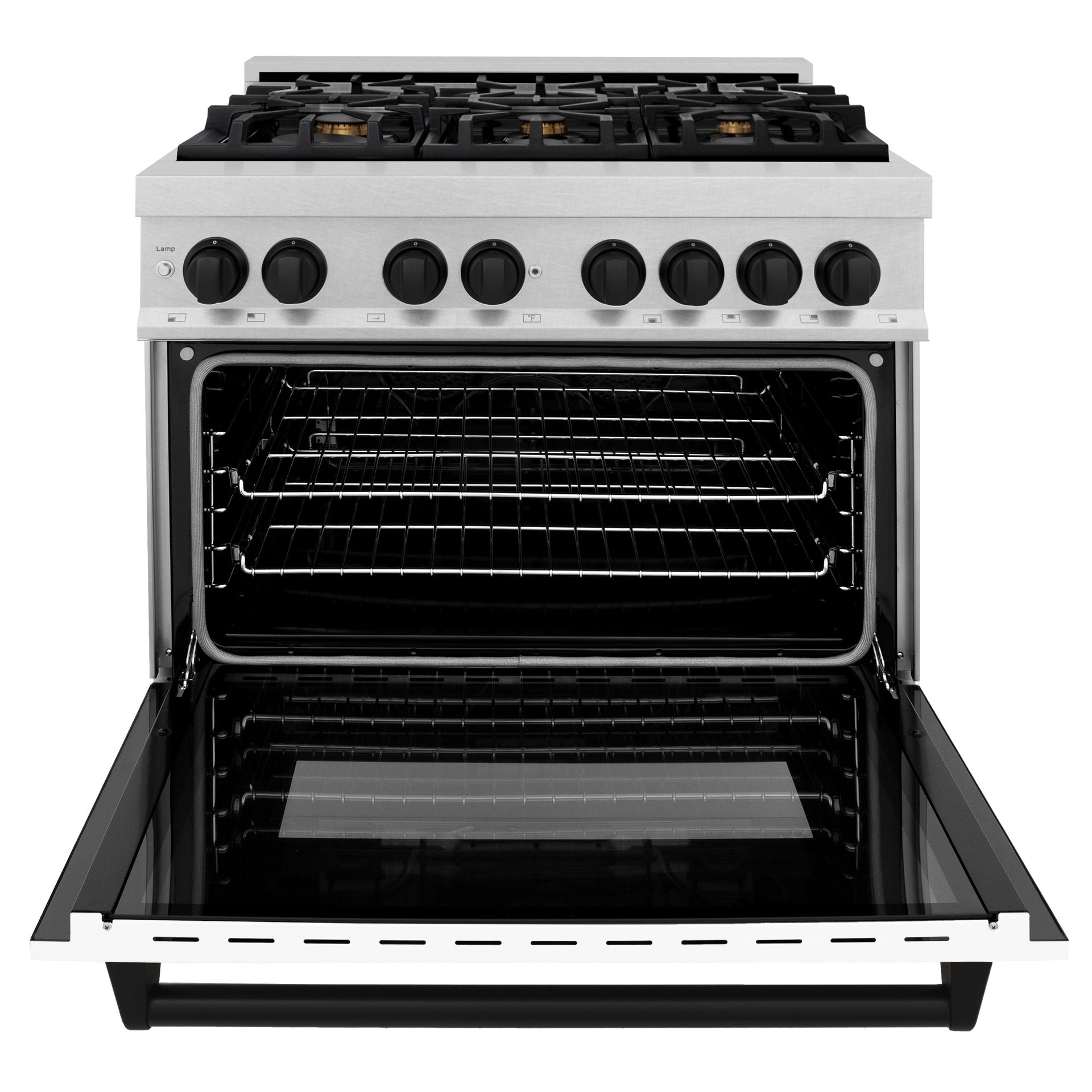 zline-autograph-edition-36-in-4-6-cu-ft-dual-fuel-range-with-6-gas-burners-and-electric-convection-oven-satin-stainless-steel-with-white-matte-door-and-matte-black-accents-model-rasz-wm-36-mb