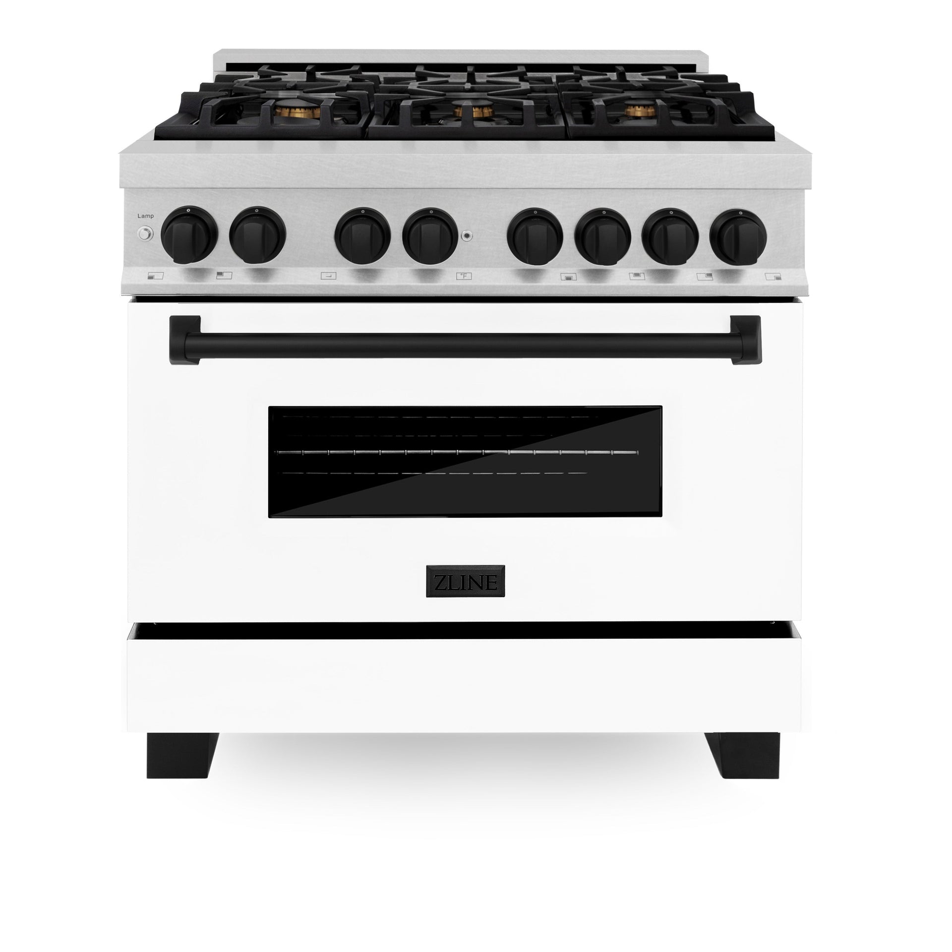 zline-autograph-edition-36-in-4-6-cu-ft-dual-fuel-range-with-6-gas-burners-and-electric-convection-oven-satin-stainless-steel-with-white-matte-door-and-matte-black-accents-model-rasz-wm-36-mb