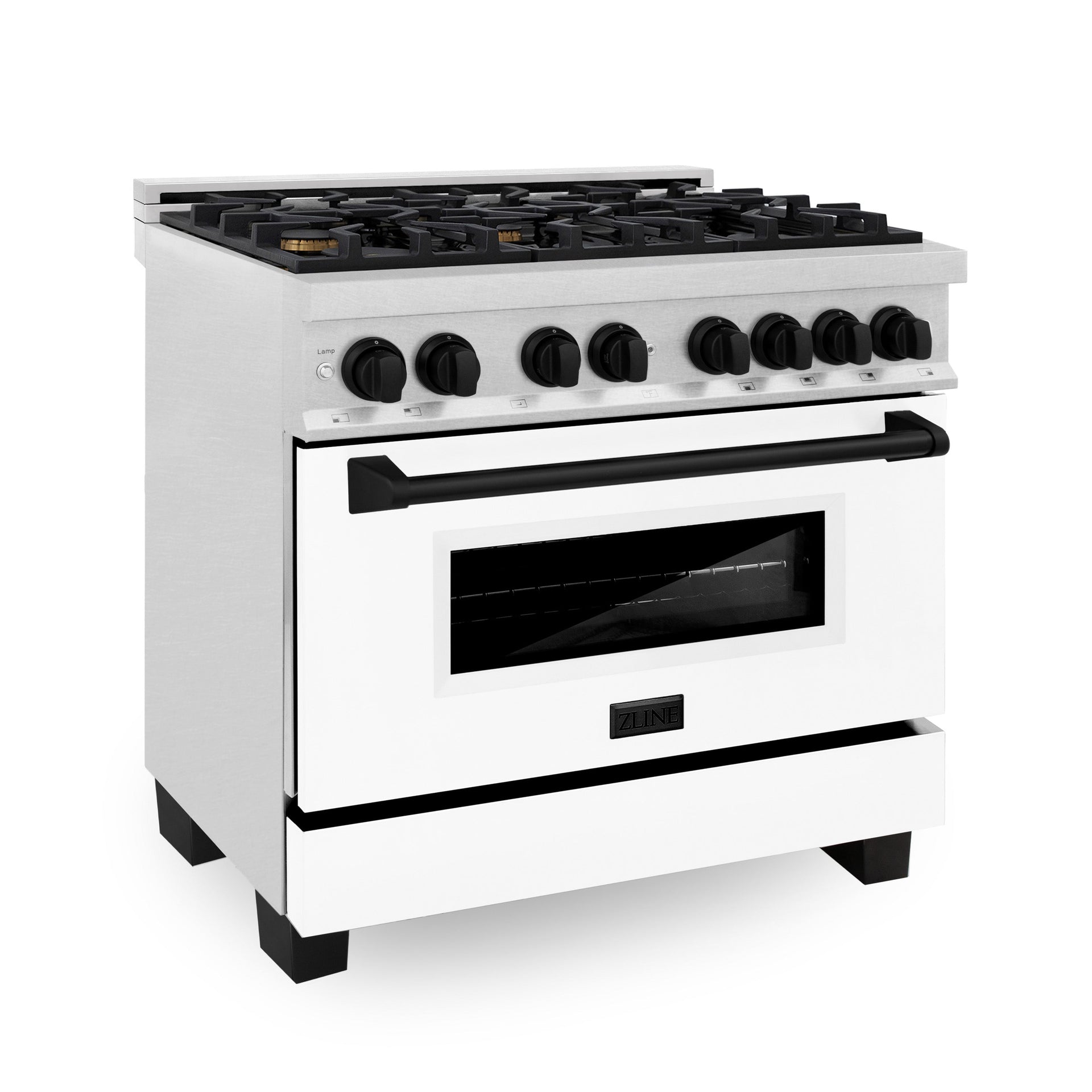 zline-autograph-edition-36-in-4-6-cu-ft-dual-fuel-range-with-6-gas-burners-and-electric-convection-oven-satin-stainless-steel-with-white-matte-door-and-matte-black-accents-model-rasz-wm-36-mb
