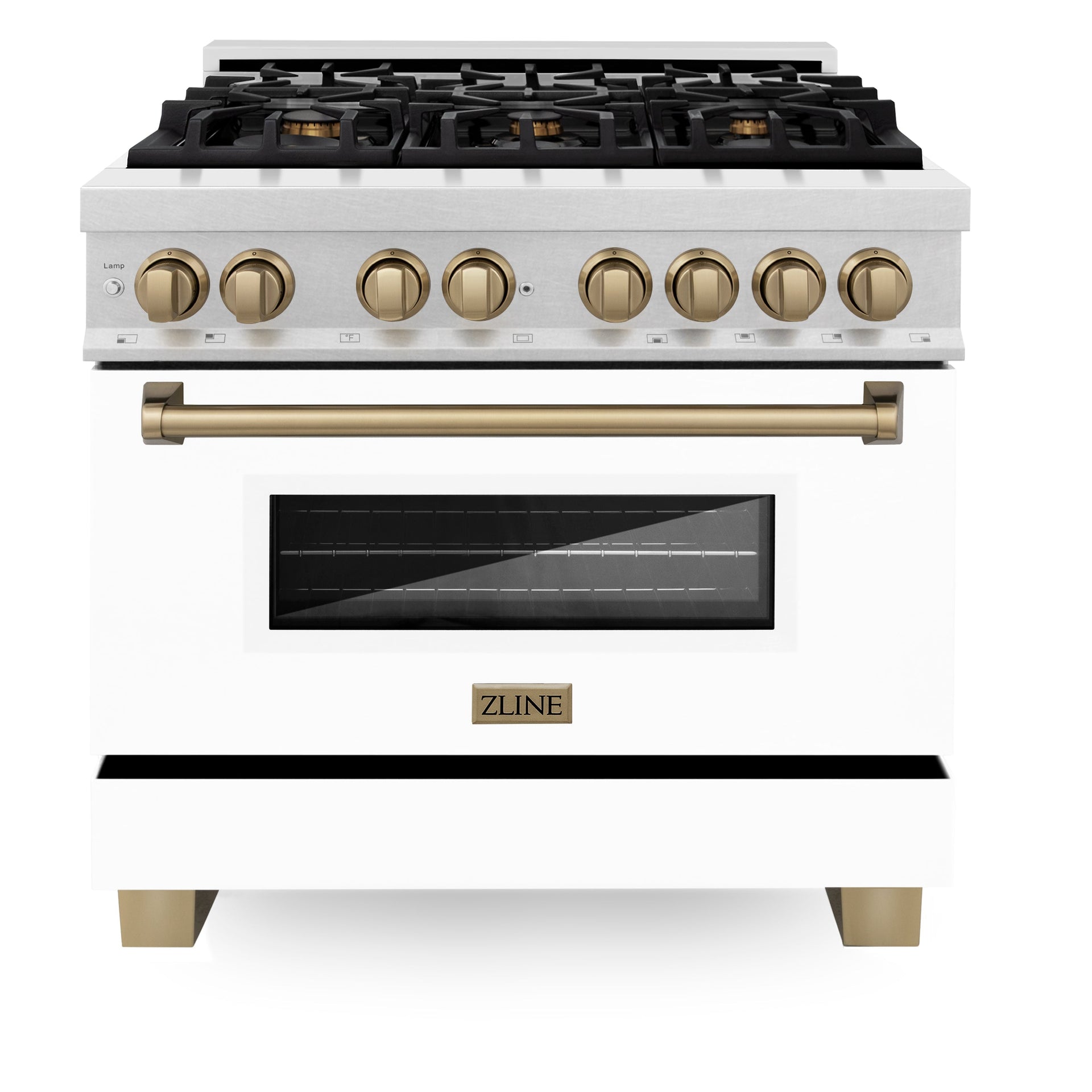 zline-autograph-edition-36-in-4-6-cu-ft-legacy-dual-fuel-range-with-6-sealed-gas-burners-and-electric-convection-oven-in-satin-stainless-steel-with-white-matte-door-and-champagne-bronze-accents-rasz-wm-36-cb