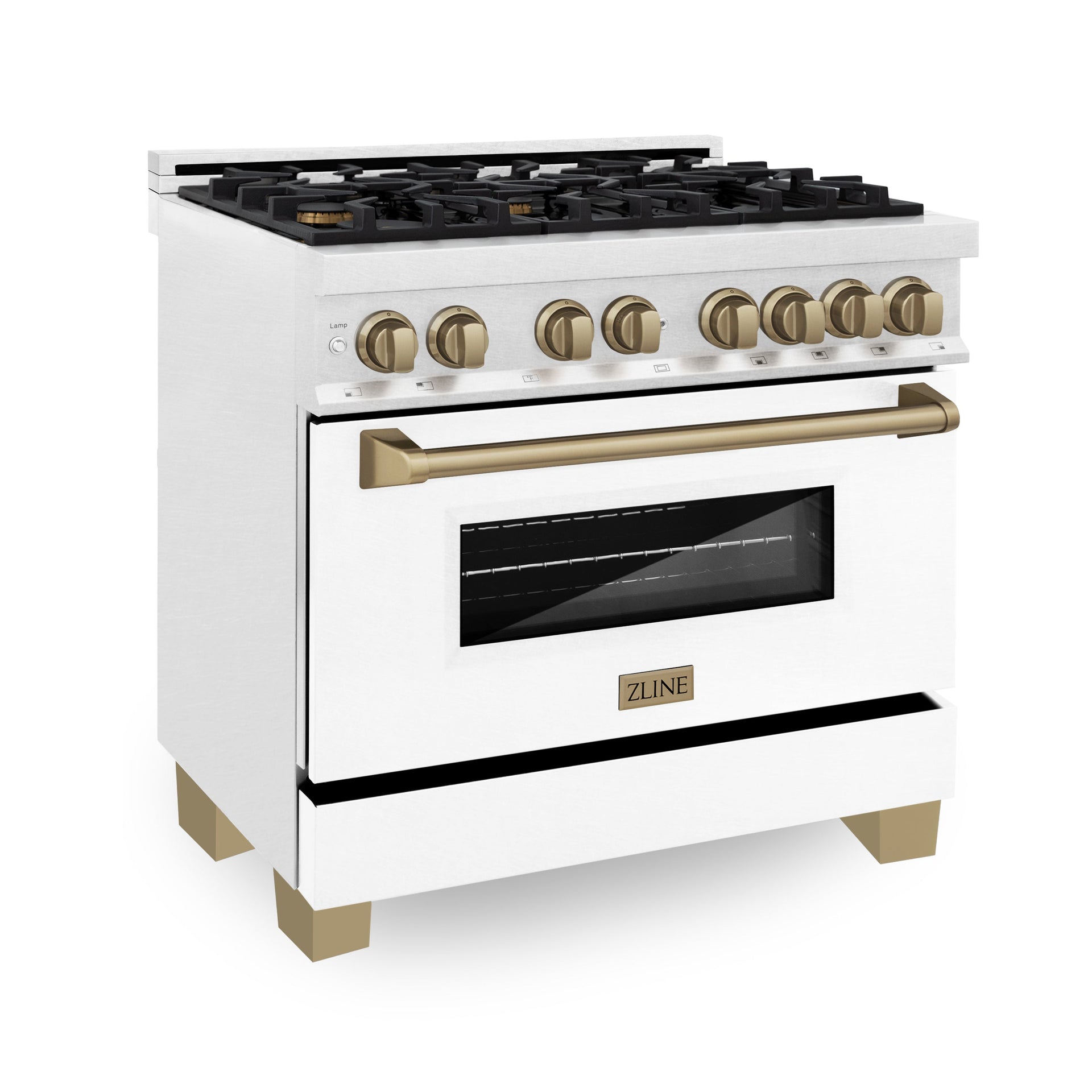 zline-autograph-edition-36-in-4-6-cu-ft-legacy-dual-fuel-range-with-6-sealed-gas-burners-and-electric-convection-oven-in-satin-stainless-steel-with-white-matte-door-and-champagne-bronze-accents-rasz-wm-36-cb