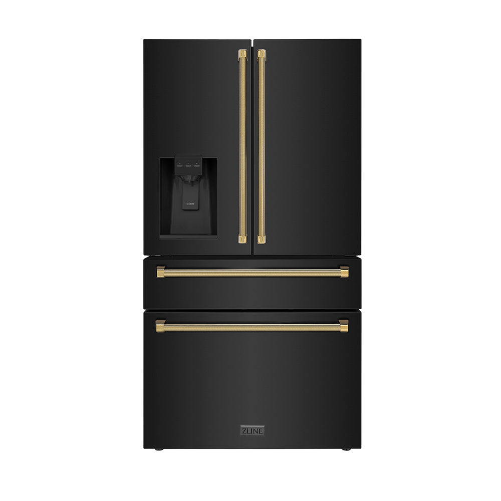zline-36-in-counter-depth-french-door-refrigerator-21-6-cu-ft-water-and-ice-dispenser-fingerprint-resistant-black-stainless-steel-polished-gold-helix-handles-rfmz-w-36-bs-kg