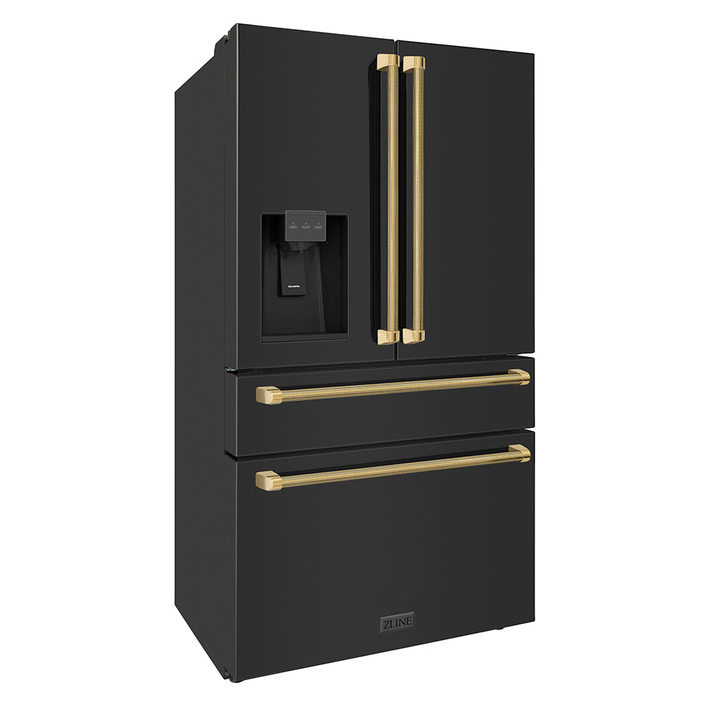 zline-36-in-counter-depth-french-door-refrigerator-21-6-cu-ft-water-and-ice-dispenser-fingerprint-resistant-black-stainless-steel-polished-gold-helix-handles-rfmz-w-36-bs-kg