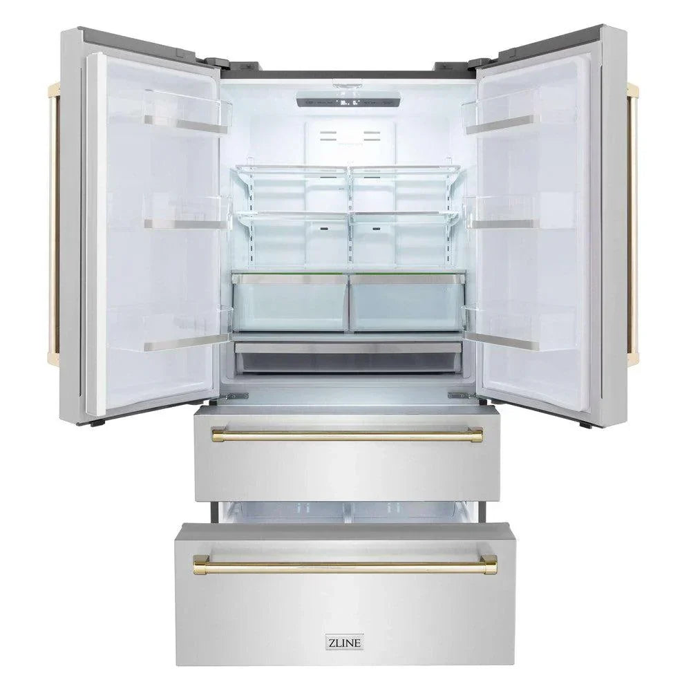 ZLINE 36 in French Door Refrigerator 22.5 cu. ft Capacity Ice Maker Fingerprint Resistant Stainless Steel Gold Accents (RFMZ-36-G)