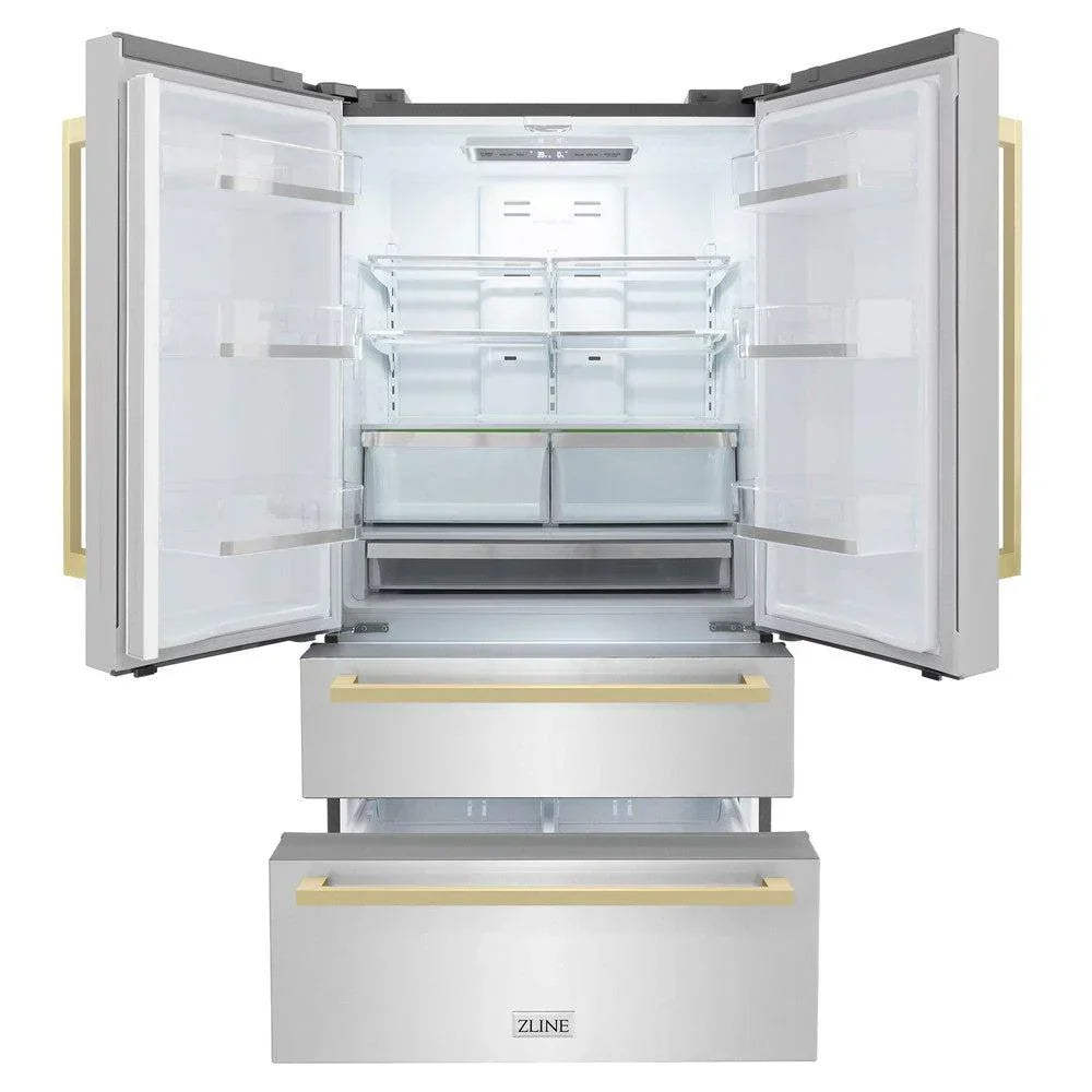ZLINE 36-Inch French Door Refrigerator 22.5 Cu. Ft. Stainless Steel Ice Maker Champagne Bronze Handles (RFMZ-36-FCB)