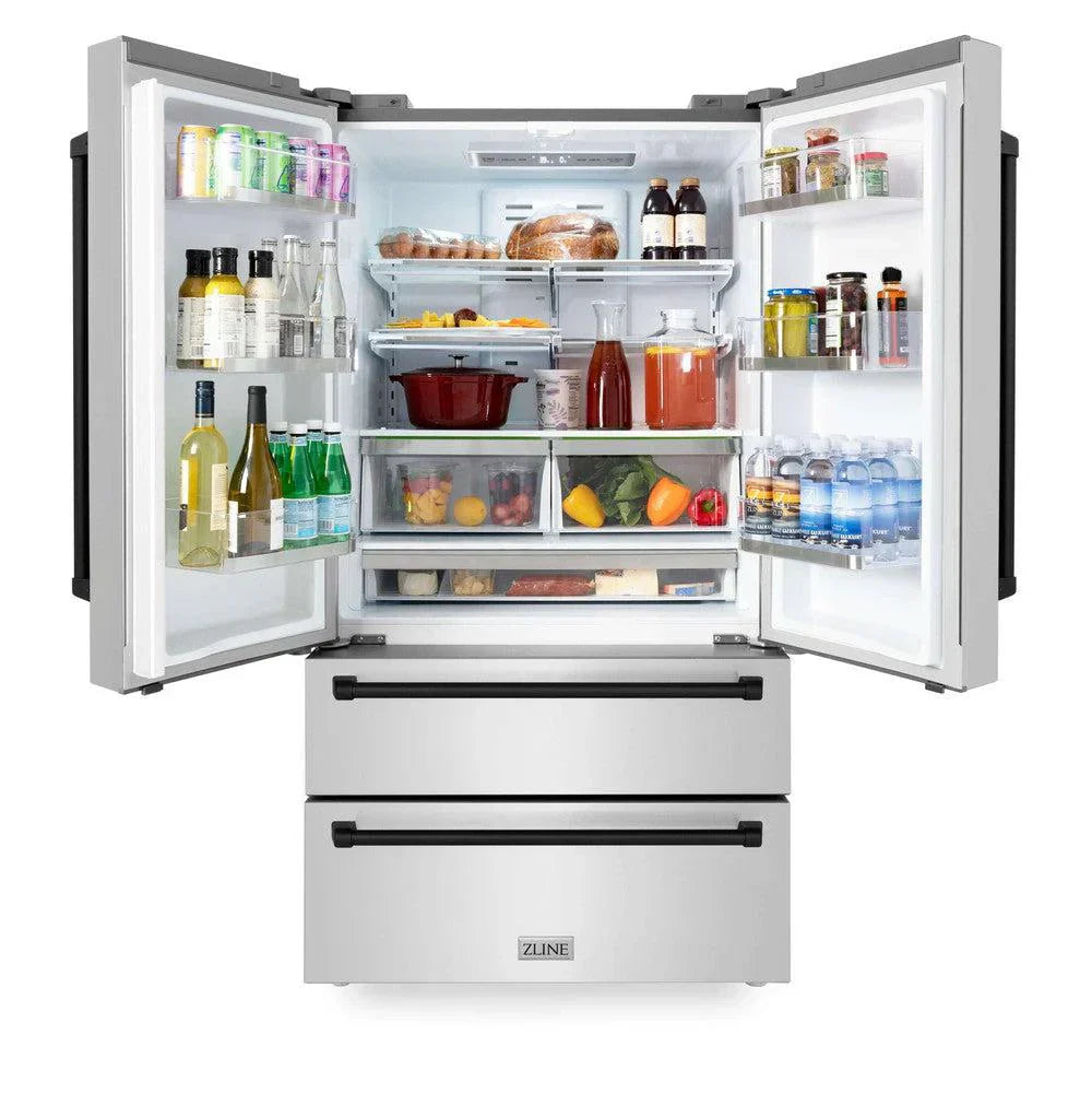 zline-36-in-refrigerator-22-5-cu-ft-built-in-french-door-with-ice-maker-fingerprint-resistant-stainless-steel-matte-black-accents-rfmz-36-mb