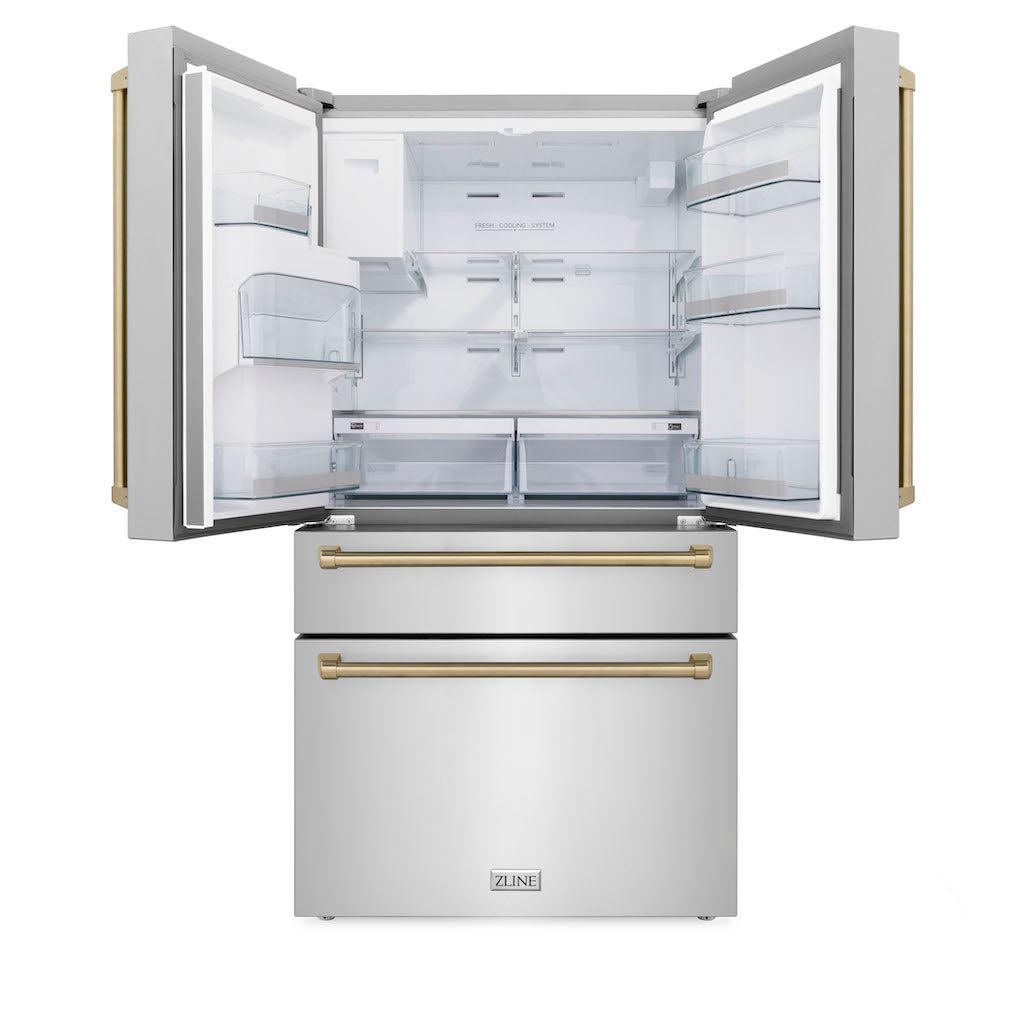 zline-36-in-french-door-refrigerator-21-6-cu-ft-with-water-ice-dispenser-fingerprint-resistant-stainless-steel-champagne-bronze-accents-rfmz-w-36-cb