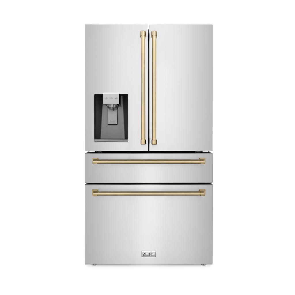 zline-36-in-french-door-refrigerator-21-6-cu-ft-with-water-ice-dispenser-fingerprint-resistant-stainless-steel-champagne-bronze-accents-rfmz-w-36-cb