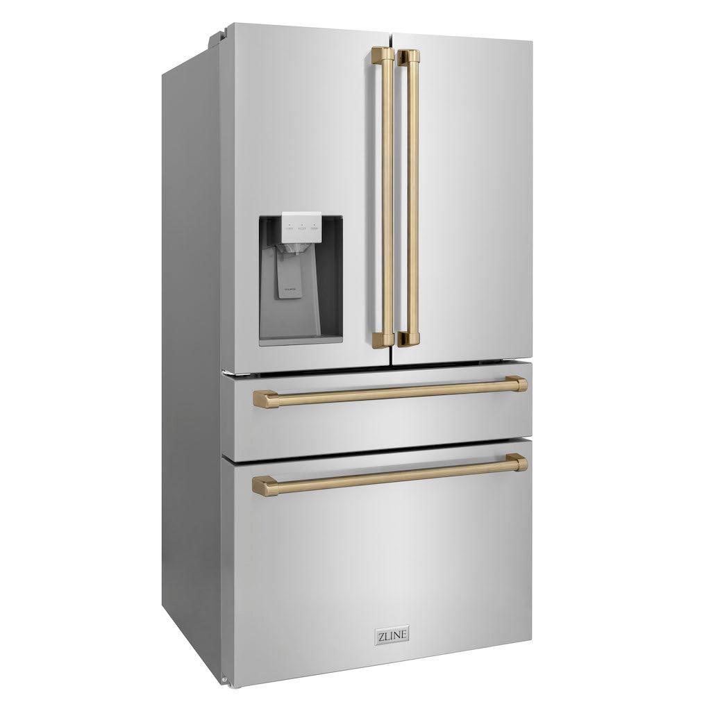 zline-36-in-french-door-refrigerator-21-6-cu-ft-with-water-ice-dispenser-fingerprint-resistant-stainless-steel-champagne-bronze-accents-rfmz-w-36-cb