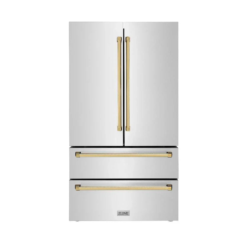 ZLINE 36 in French Door Refrigerator 22.5 cu. ft Capacity Ice Maker Fingerprint Resistant Stainless Steel Gold Accents (RFMZ-36-G)