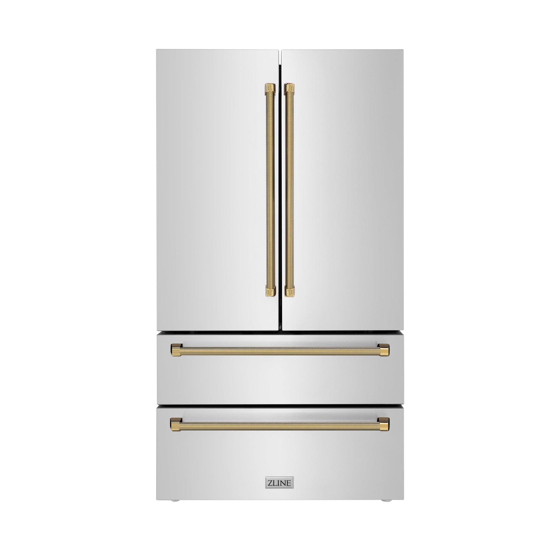 zline-36-in-counter-depth-french-door-refrigerator-22-5-cu-ft-fingerprint-resistant-stainless-steel-with-ice-maker-and-polished-gold-helix-handles-rfmz-36-kg