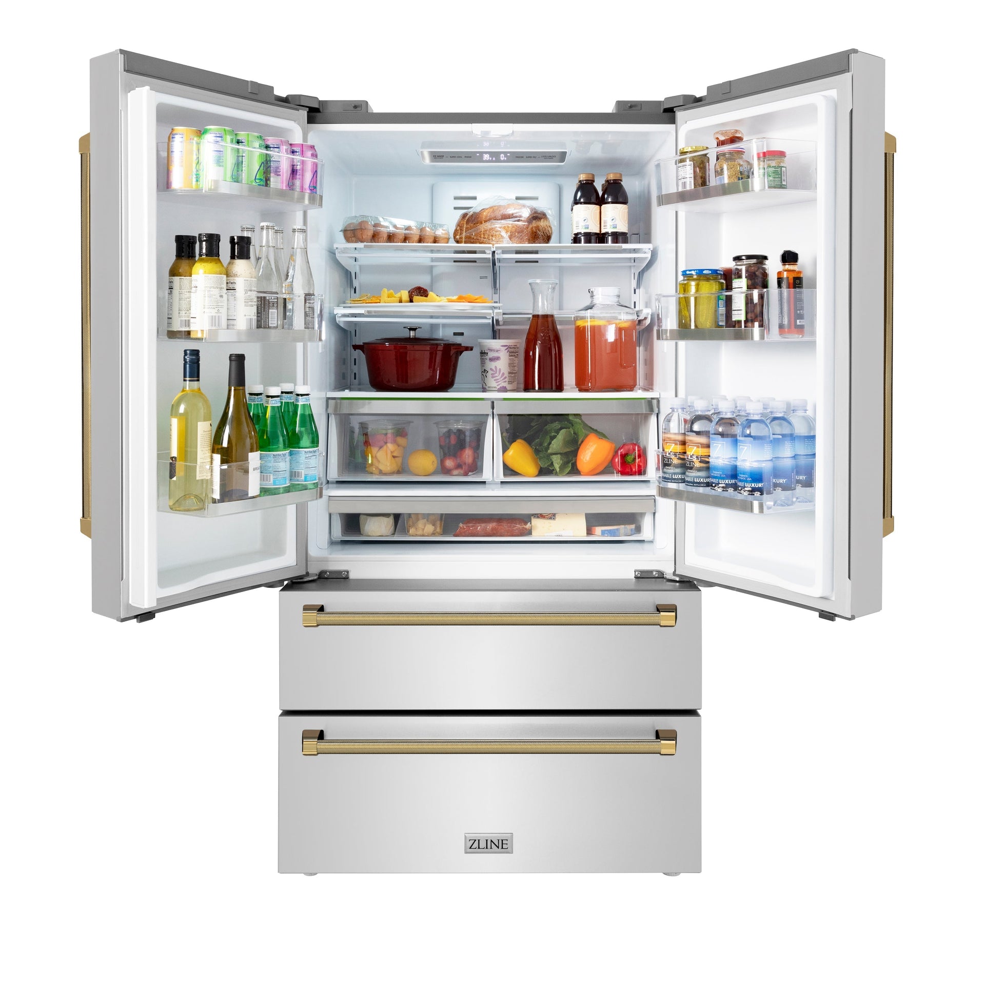 zline-36-in-counter-depth-french-door-refrigerator-22-5-cu-ft-fingerprint-resistant-stainless-steel-with-ice-maker-and-polished-gold-helix-handles-rfmz-36-kg
