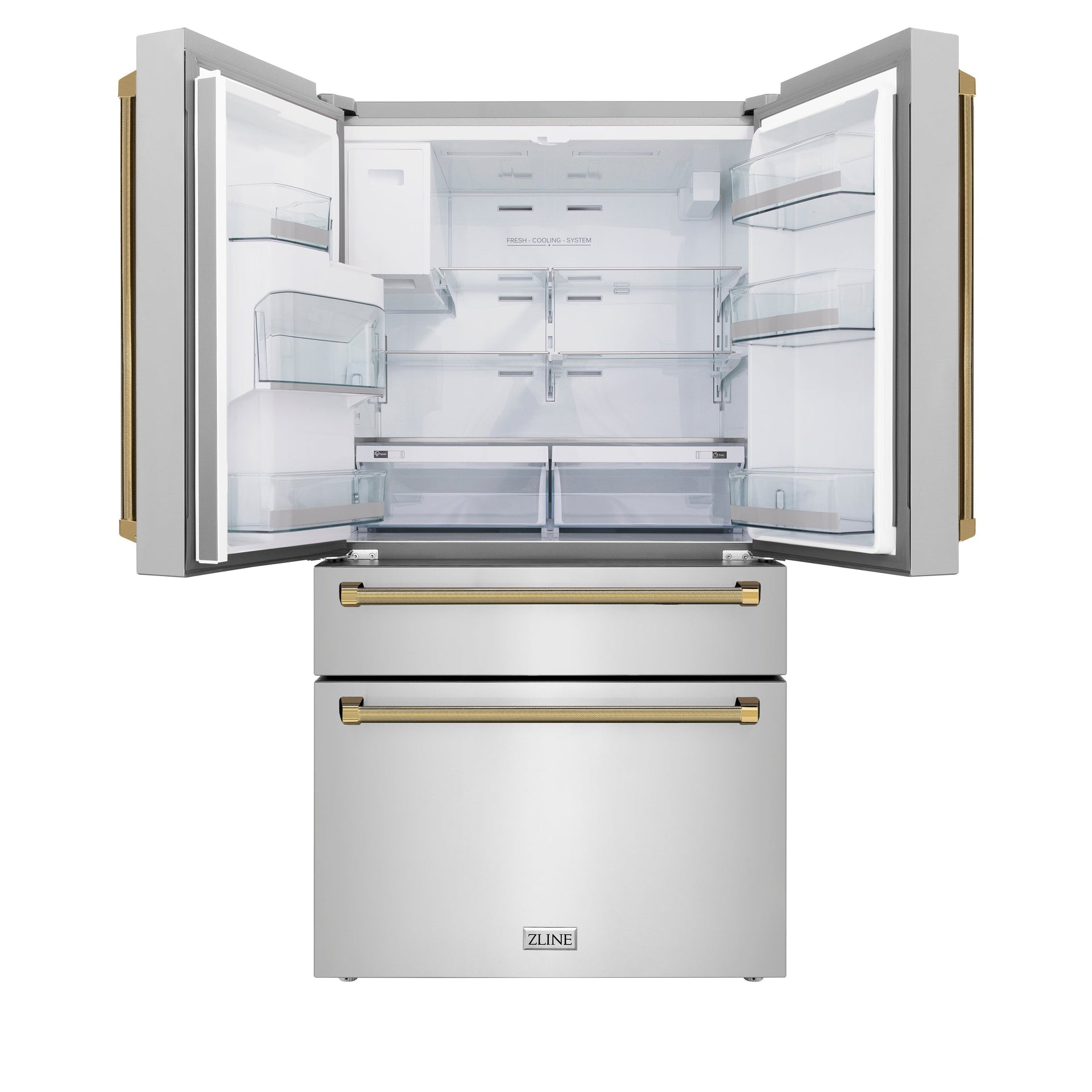 zline-36-in-counter-depth-french-door-refrigerator-21-6-cu-ft-water-and-ice-dispenser-fingerprint-resistant-stainless-steel-polished-gold-helix-handles-rfmz-w-36-kg