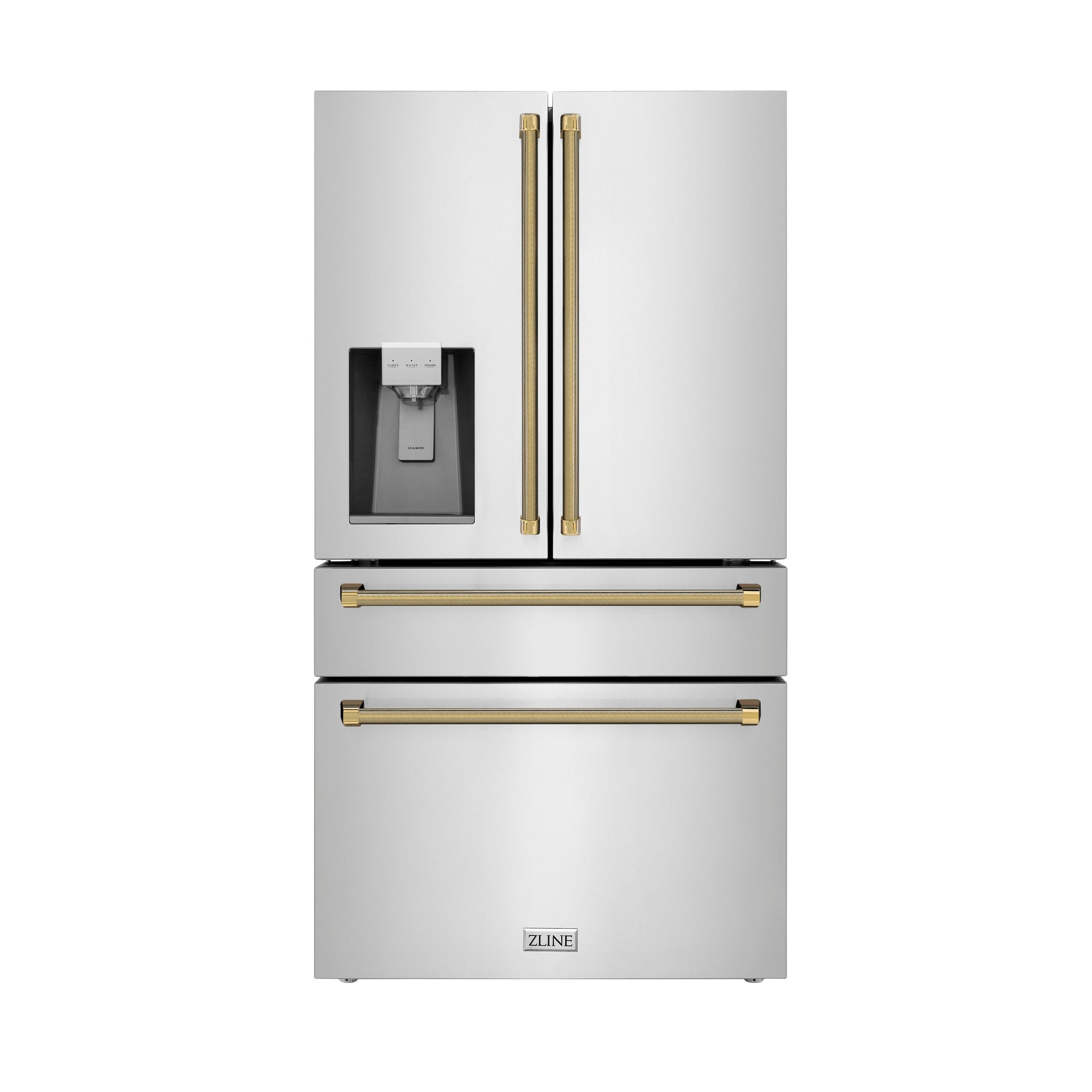 zline-36-in-counter-depth-french-door-refrigerator-21-6-cu-ft-water-and-ice-dispenser-fingerprint-resistant-stainless-steel-polished-gold-helix-handles-rfmz-w-36-kg