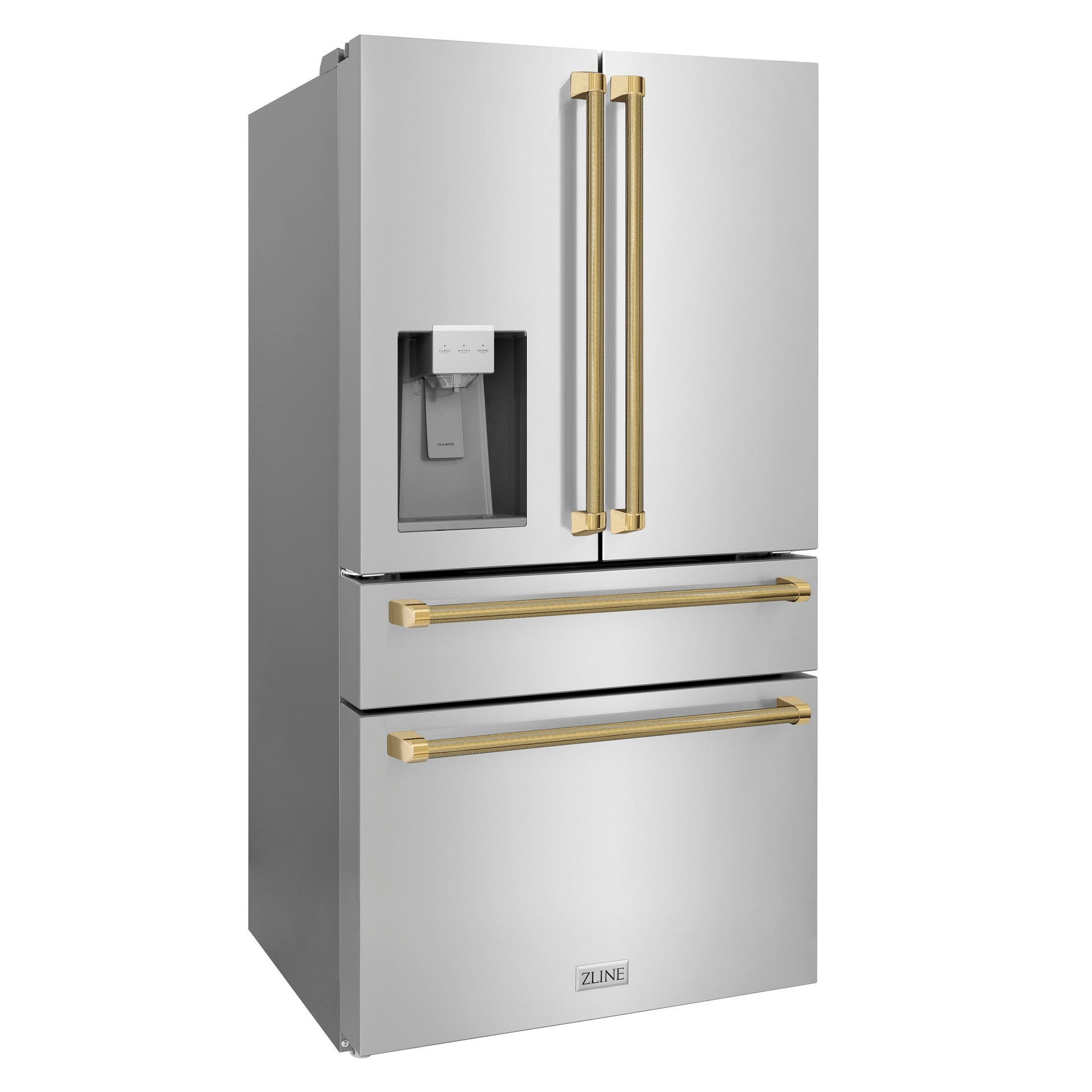 zline-36-in-counter-depth-french-door-refrigerator-21-6-cu-ft-water-and-ice-dispenser-fingerprint-resistant-stainless-steel-polished-gold-helix-handles-rfmz-w-36-kg