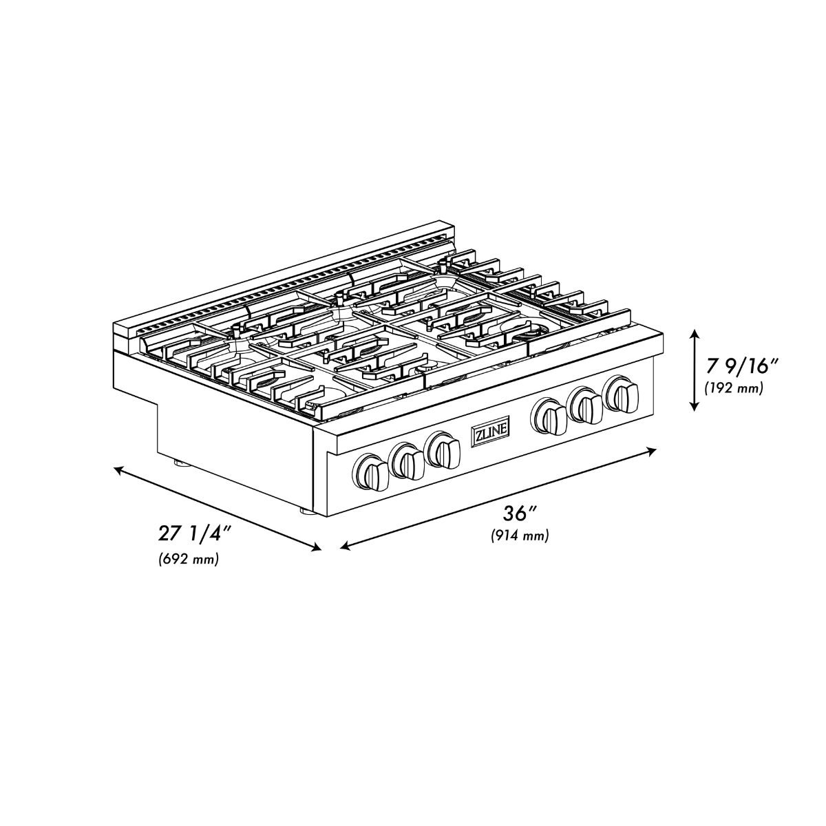 zline-36-autograph-paramount-gas-rangetop-with-6-burners-and-porcelain-cooktop-in-satin-stainless-steel-with-matte-black-accents-srtsz-36-mb