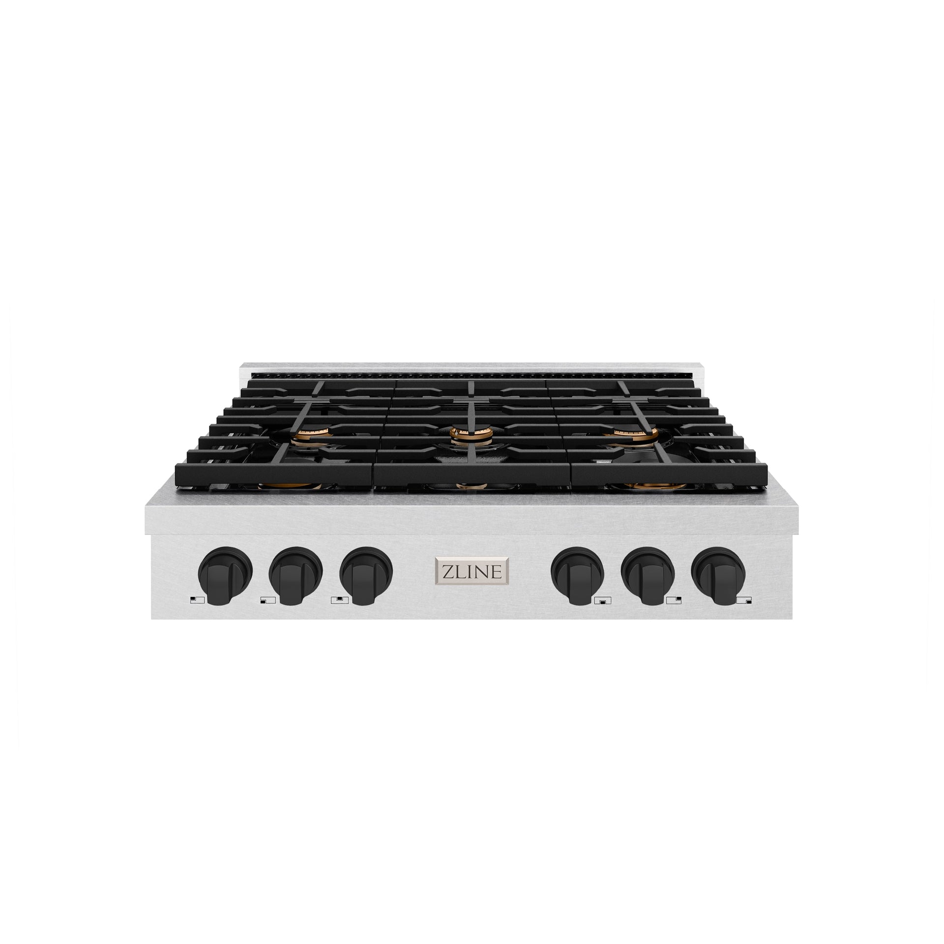zline-36-autograph-paramount-gas-rangetop-with-6-burners-and-porcelain-cooktop-in-satin-stainless-steel-with-matte-black-accents-srtsz-36-mb