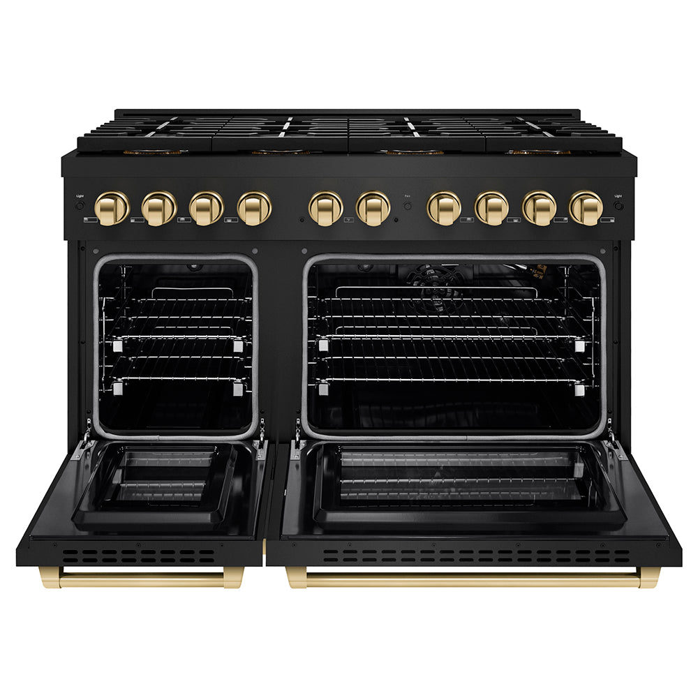 zline-48-in-gas-range-paramount-series-6-7-cu-ft-dual-oven-capacity-8-burner-duopro™-cooktop-black-stainless-steel-with-polished-gold-accents-psgrbz-48-g