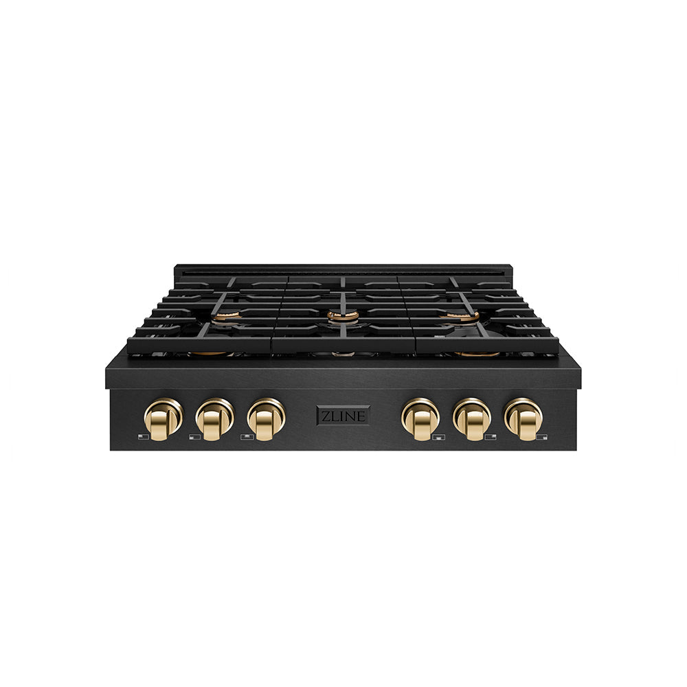 zline-autograph-36-paramount-gas-rangetop-with-6-burners-and-porcelain-cooktop-in-black-satin-with-polished-gold-accents-srtbsz-36-g