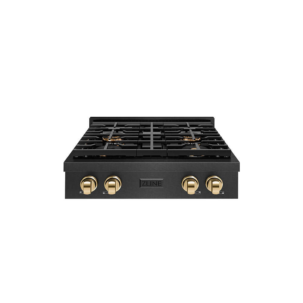 zline-autograph-30-paramount-gas-rangetop-with-4-burner-duopro™-cooktop-in-black-satin-and-polished-gold-accents-psrtbsz-30-g
