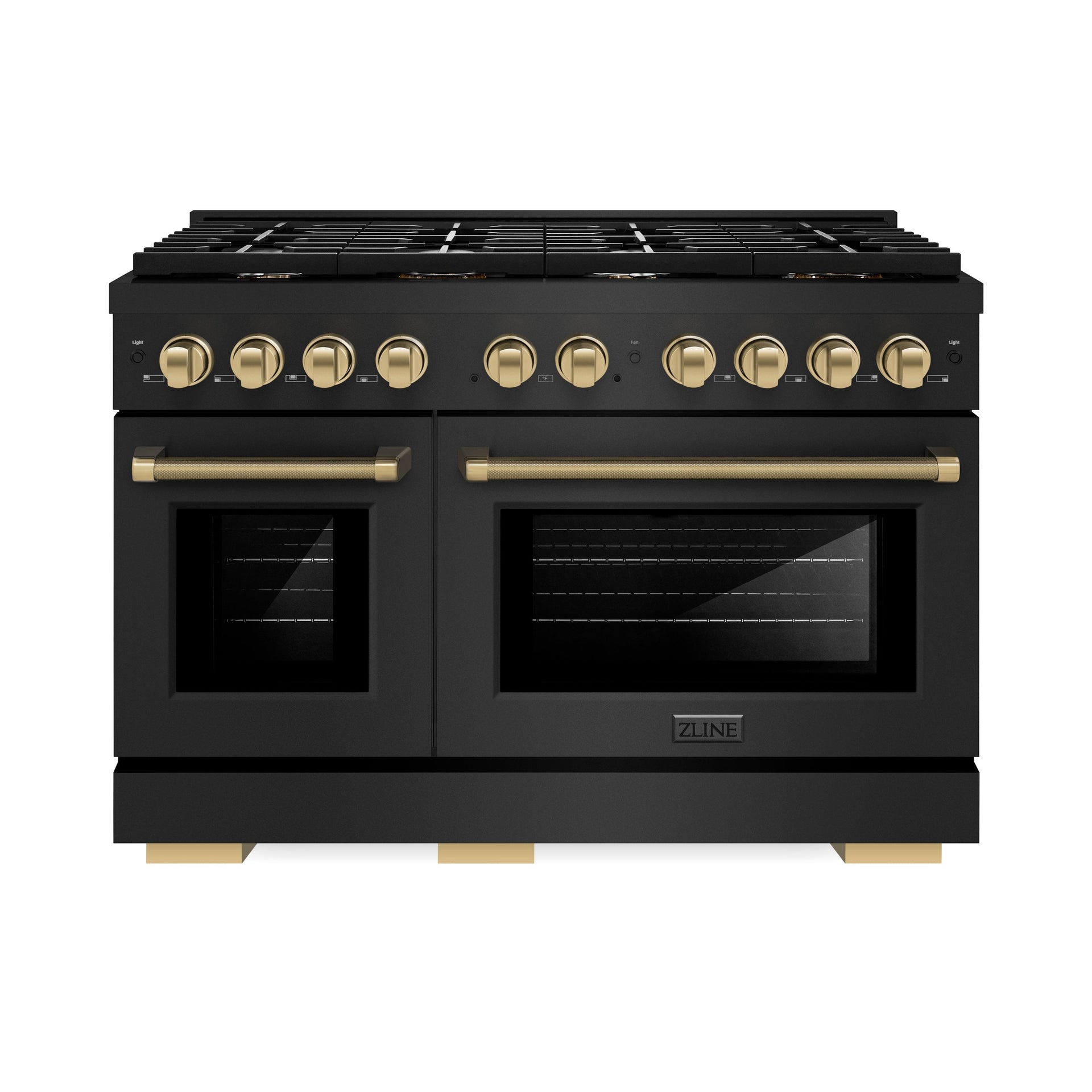 zline-48-in-gas-range-double-oven-6-7-cu-ft-8-burner-cooktop-black-stainless-steel-with-champagne-bronze-helix-handles-knobs-sgrbz-48-kcb